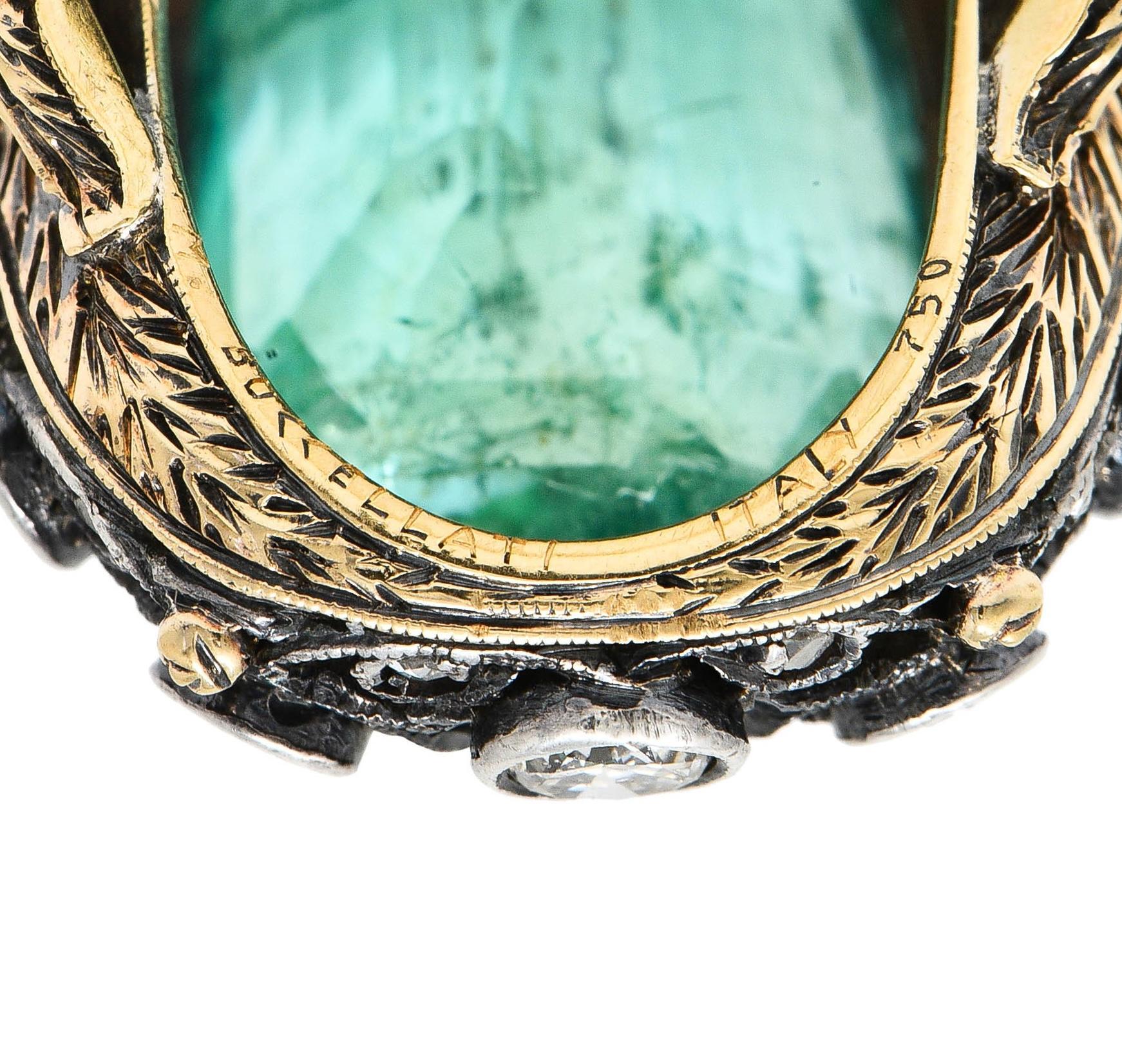 Buccellati 8,48 Karat Smaragd-Diamant-Ring aus 18 Karat Gold und Silber mit Blattwerk, Vintage im Angebot 4