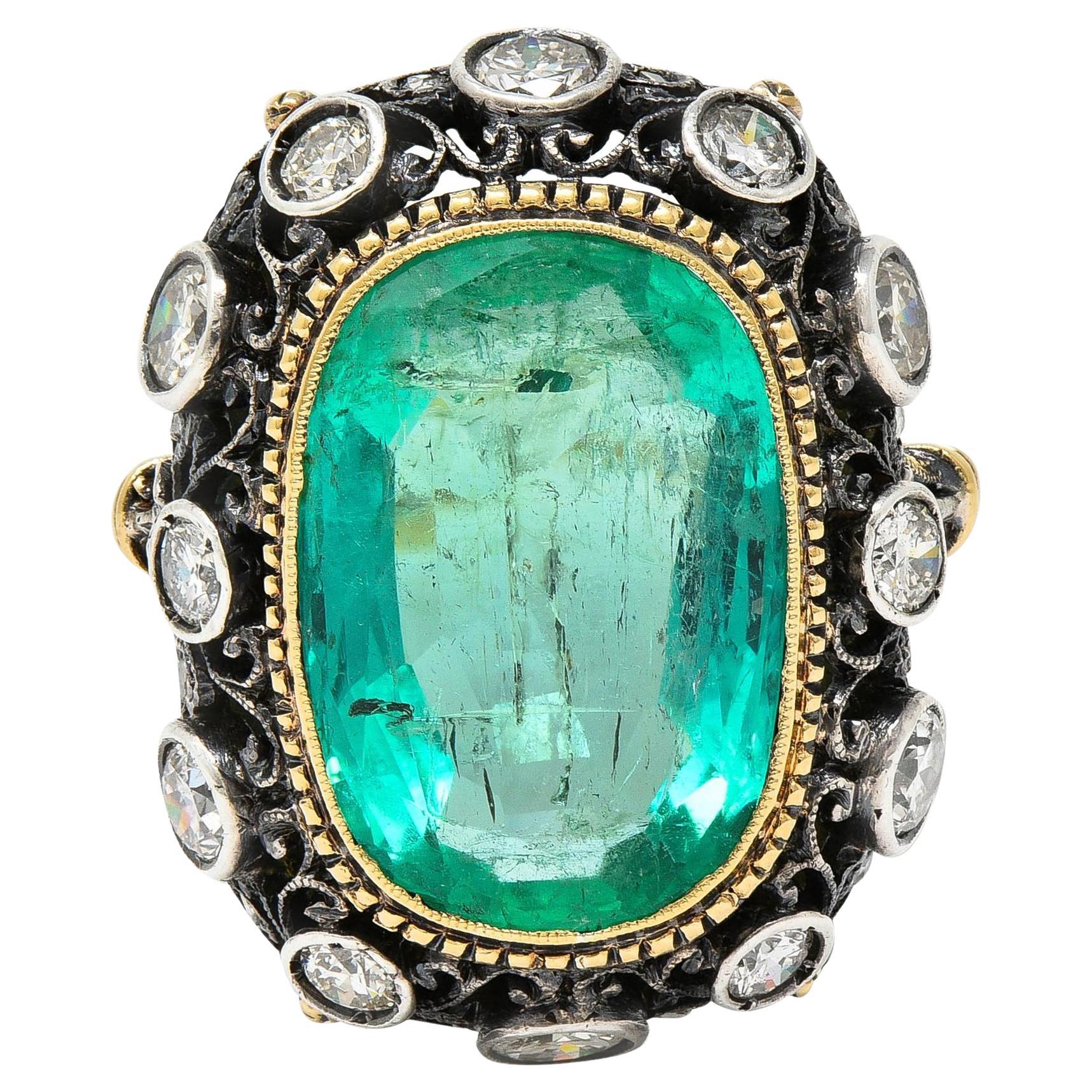 Buccellati 8.48 CTW Emerald Diamond 18 Karat Gold Silver Foliate Vintage Ring For Sale