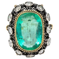 Buccellati 8.48 CTW Emerald Diamond 18 Karat Gold Silver Foliate Retro Ring