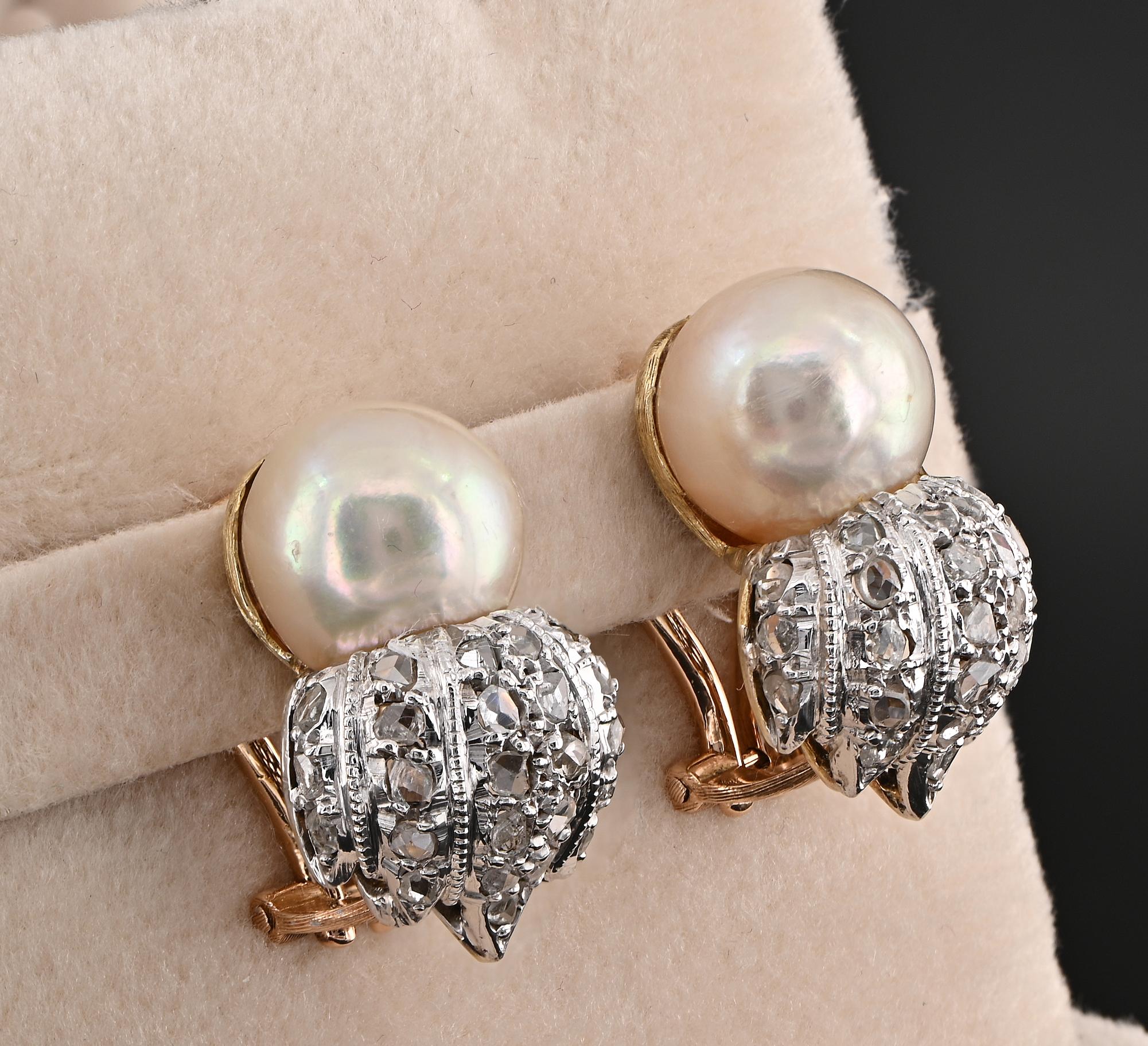 Néo-Renaissance Buccellati 9,5 mm Boucles d'oreilles en perles et diamants taillés en rose en vente