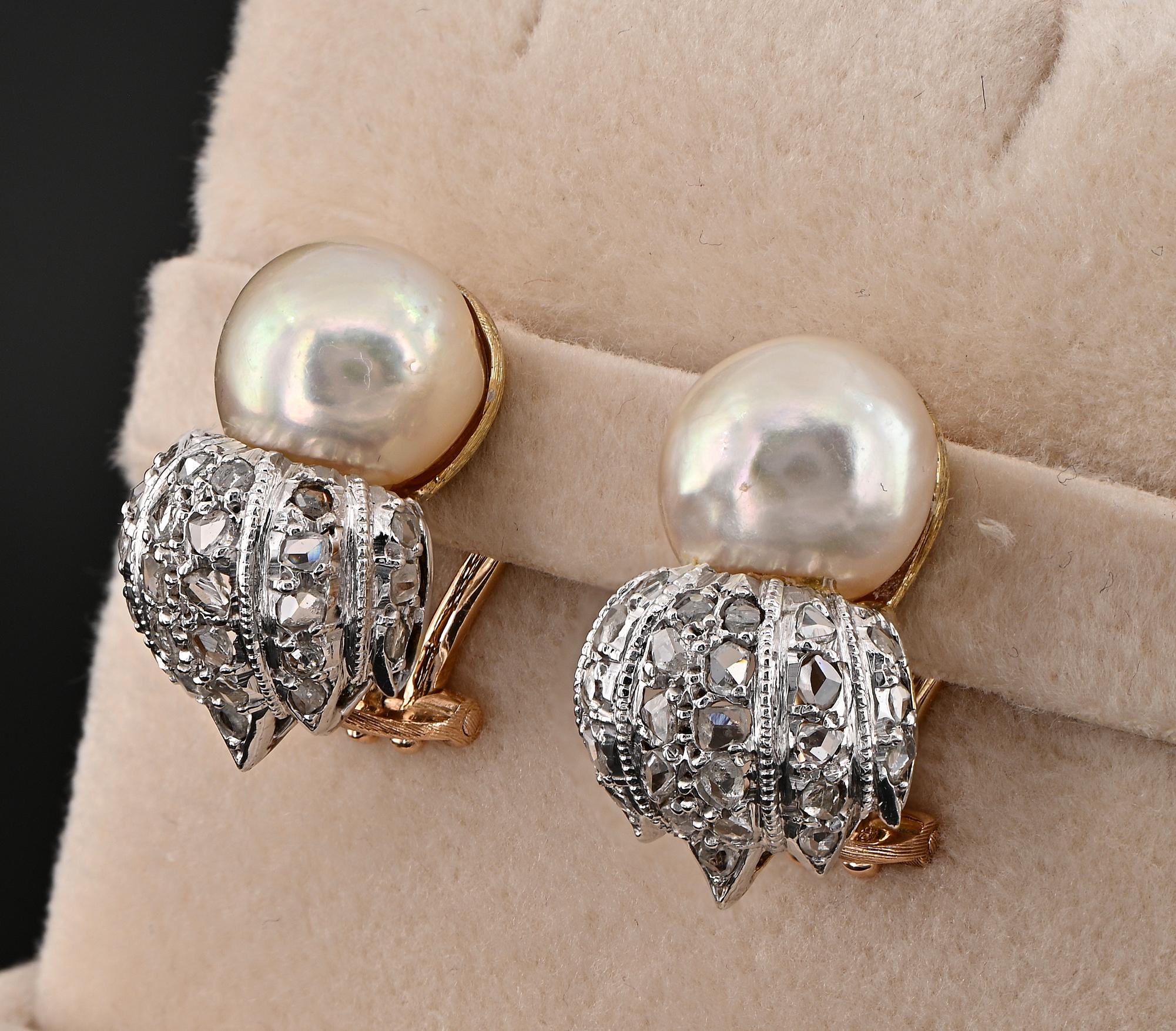 Buccellati 9,5 mm Boucles d'oreilles en perles et diamants taillés en rose Bon état - En vente à Napoli, IT