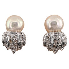 Retro Buccellati 9.5 mm. Pearl Rose Cut Diamond Earrings