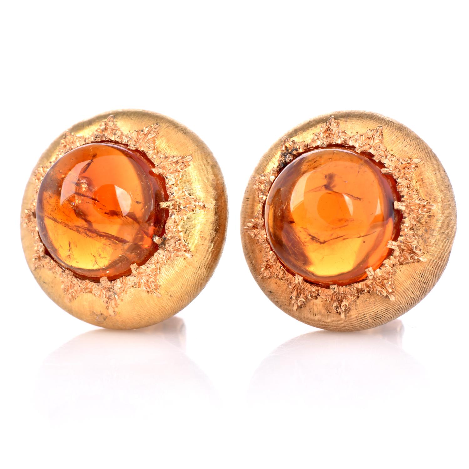 Presenting Buccellati earrings made in 18K solid Italian Yellow gold with Amber crystal radiance. Elevate your outfits with a gorgeous amber glow by incorporating this pair of Buccellati earrings. Each earring features a rich and vibrant Amber stone