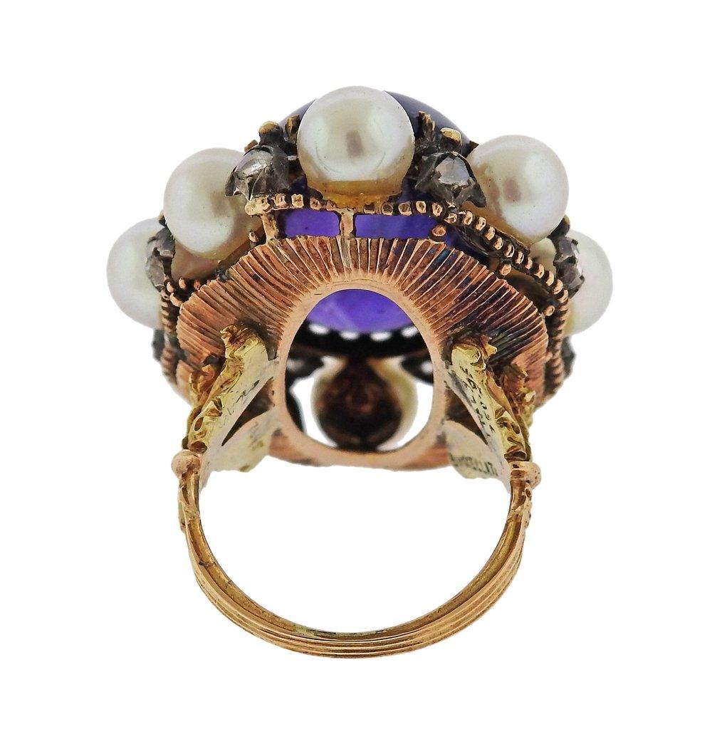 Rose Cut Buccellati Amethyst Pearl Diamond Gold Ring For Sale