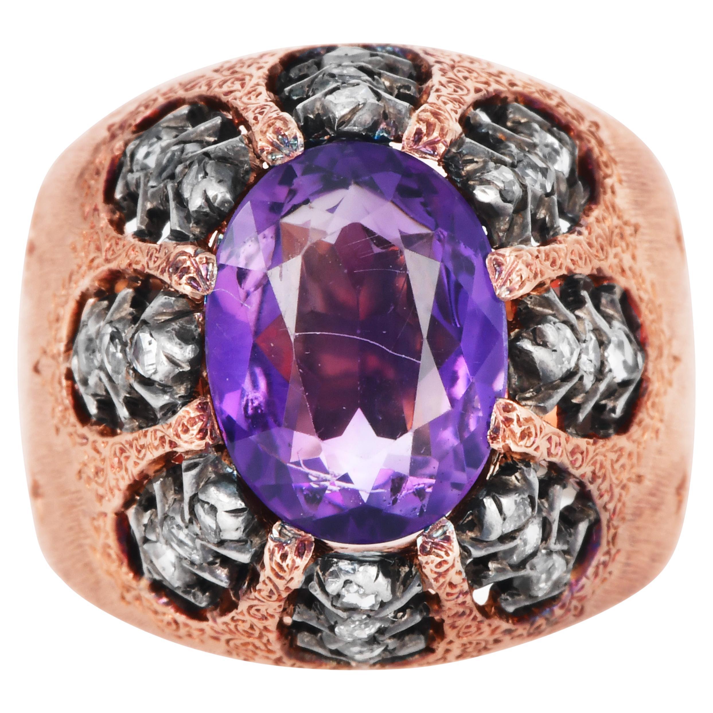 Buccellati Antique Amethyst Diamond 18K Rose Dome Ring For Sale