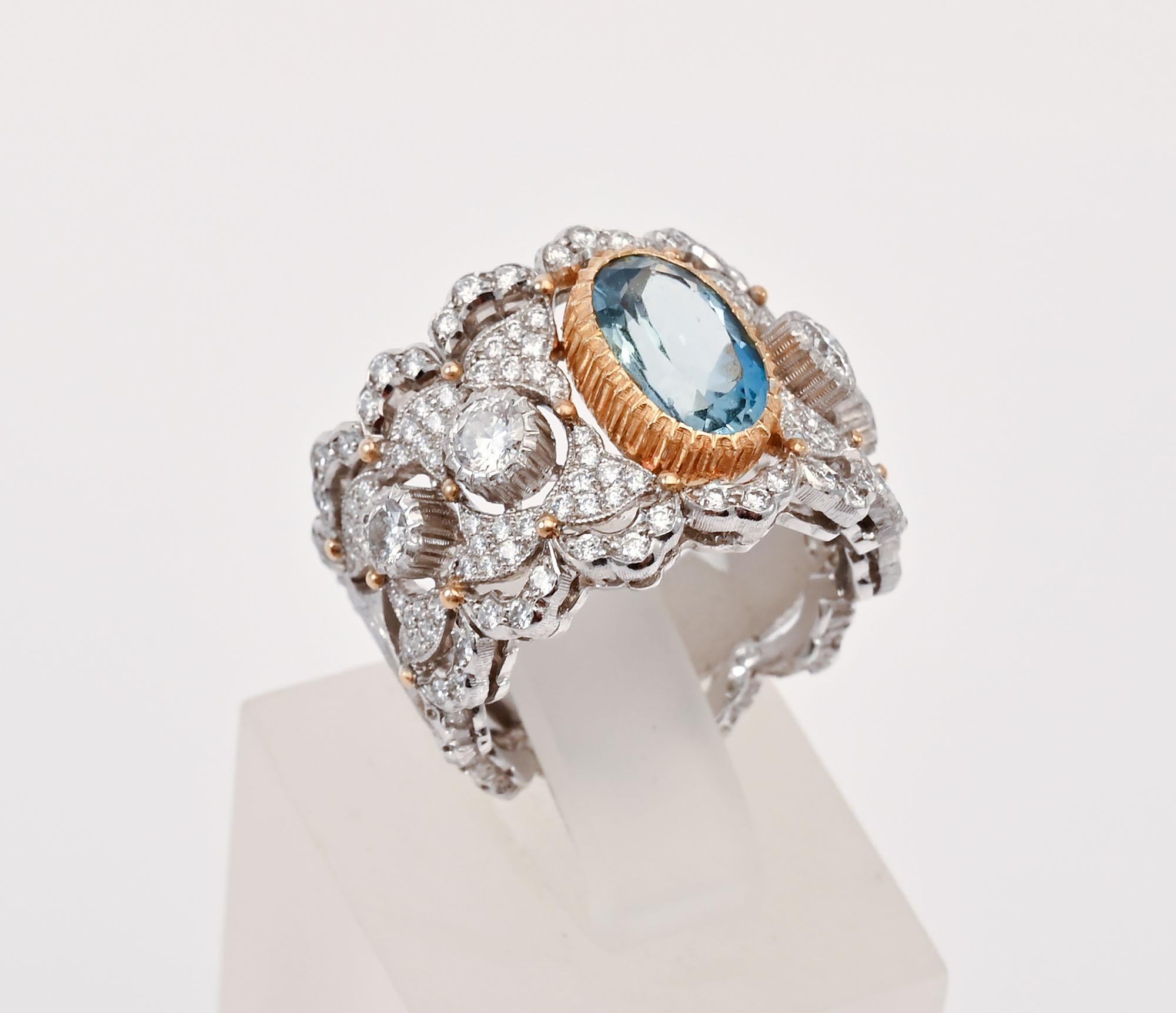 Round Cut Buccellati Aquamarine and Diamond Band Ring For Sale