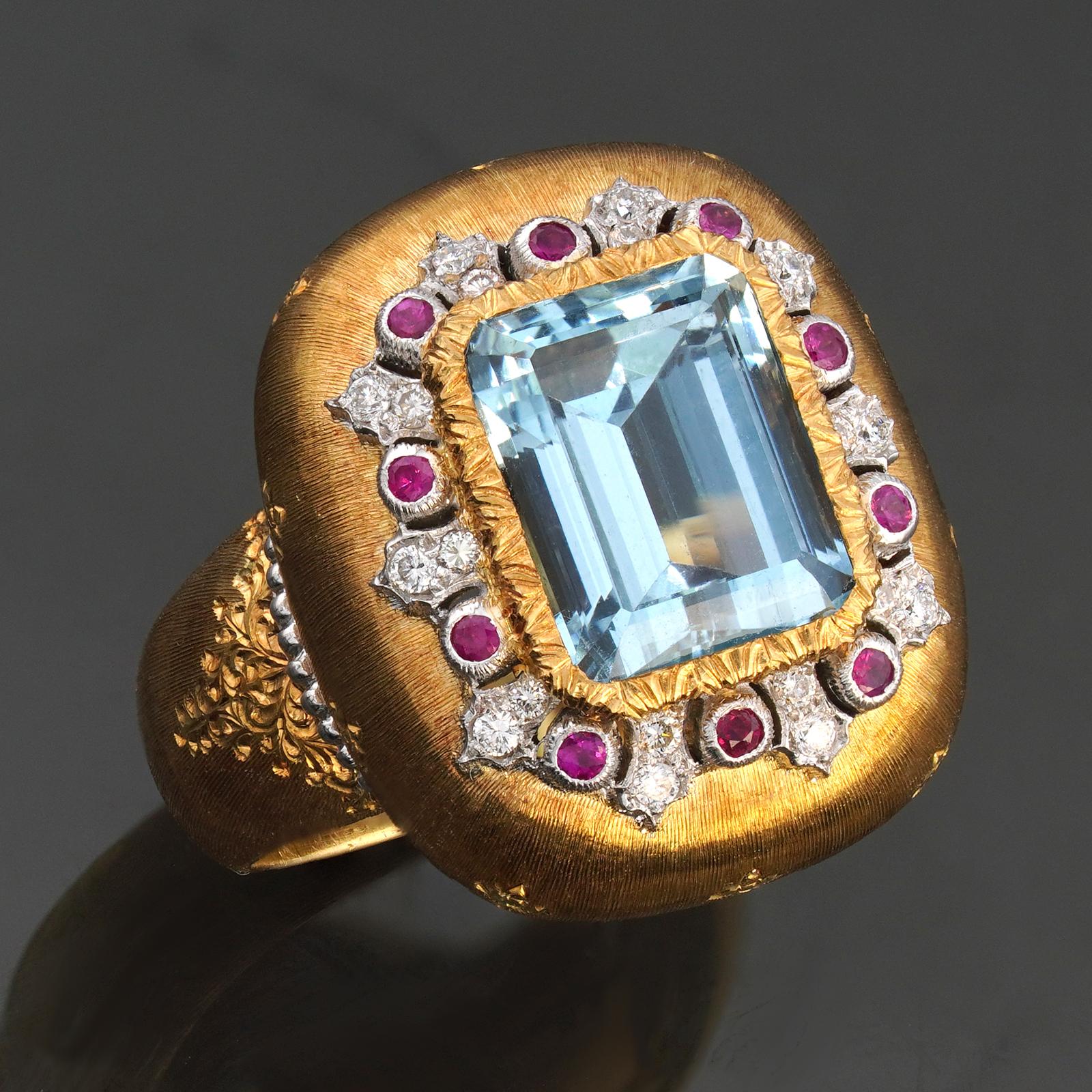 Taglio ovale Anello Buccellati Acquamarina Diamante Rubino Oro Giallo 18 carati in vendita