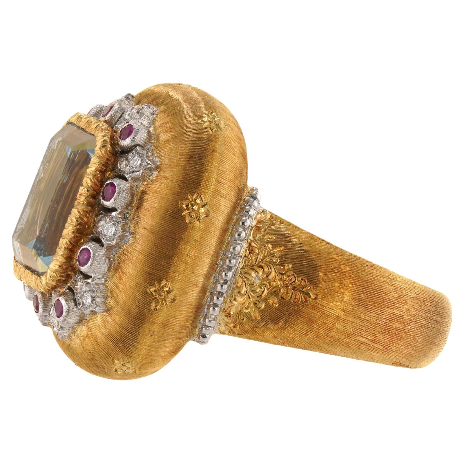 Anello Buccellati Acquamarina Diamante Rubino Oro Giallo 18 carati in vendita 1