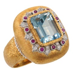Vintage BUCCELLATI Aquamarine Diamond Ruby 18k Yellow Gold Ring 