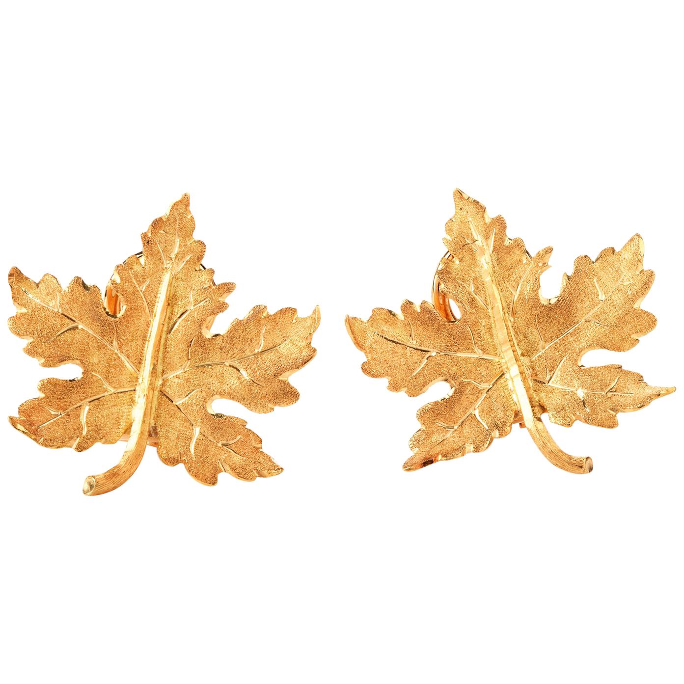 Buccellati Autumn Leaf 18 Karat Gold Omega Clip Stud Earrings