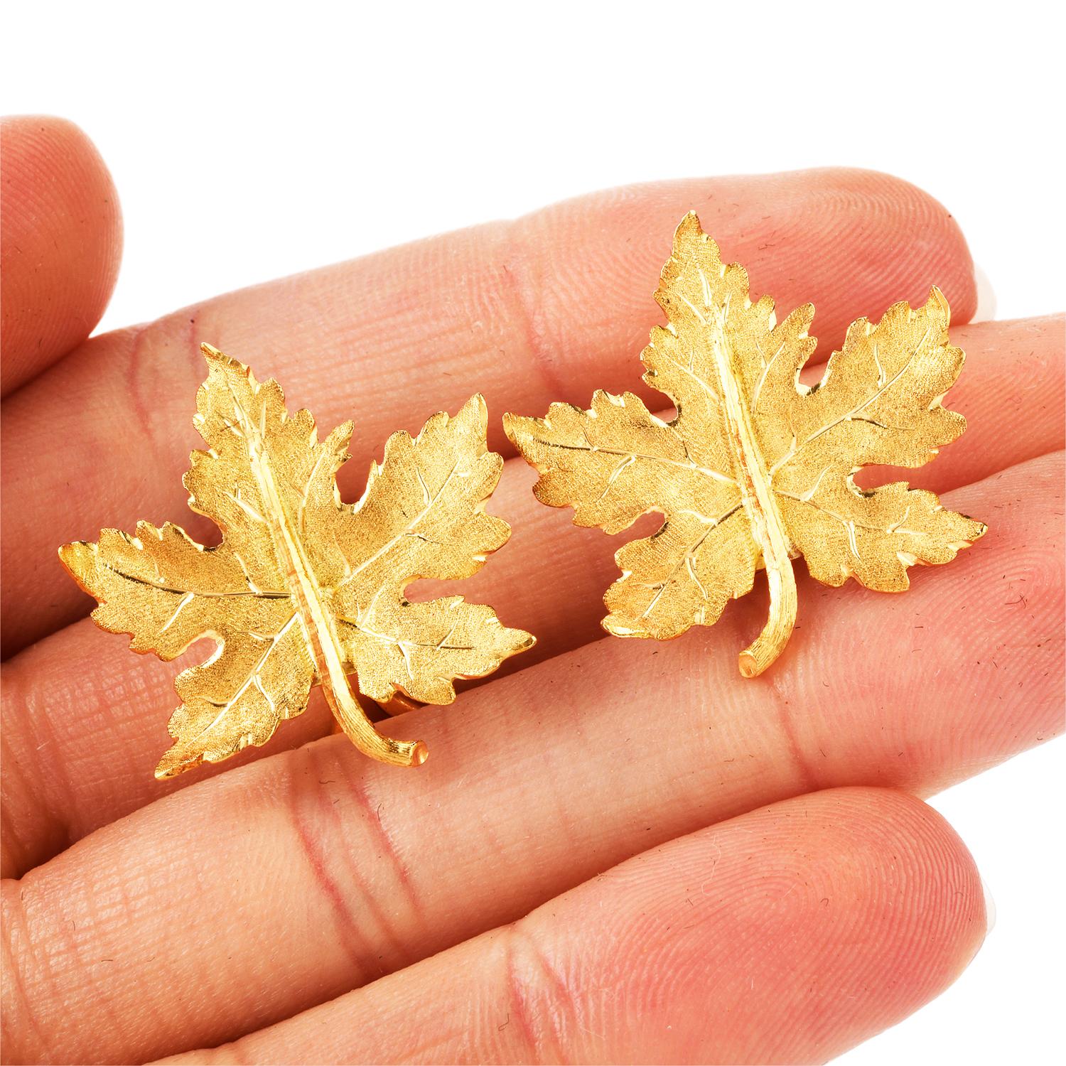 Buccellati Autumn Leaf 18 Karat Gold Omega Clip Stud Earrings 1