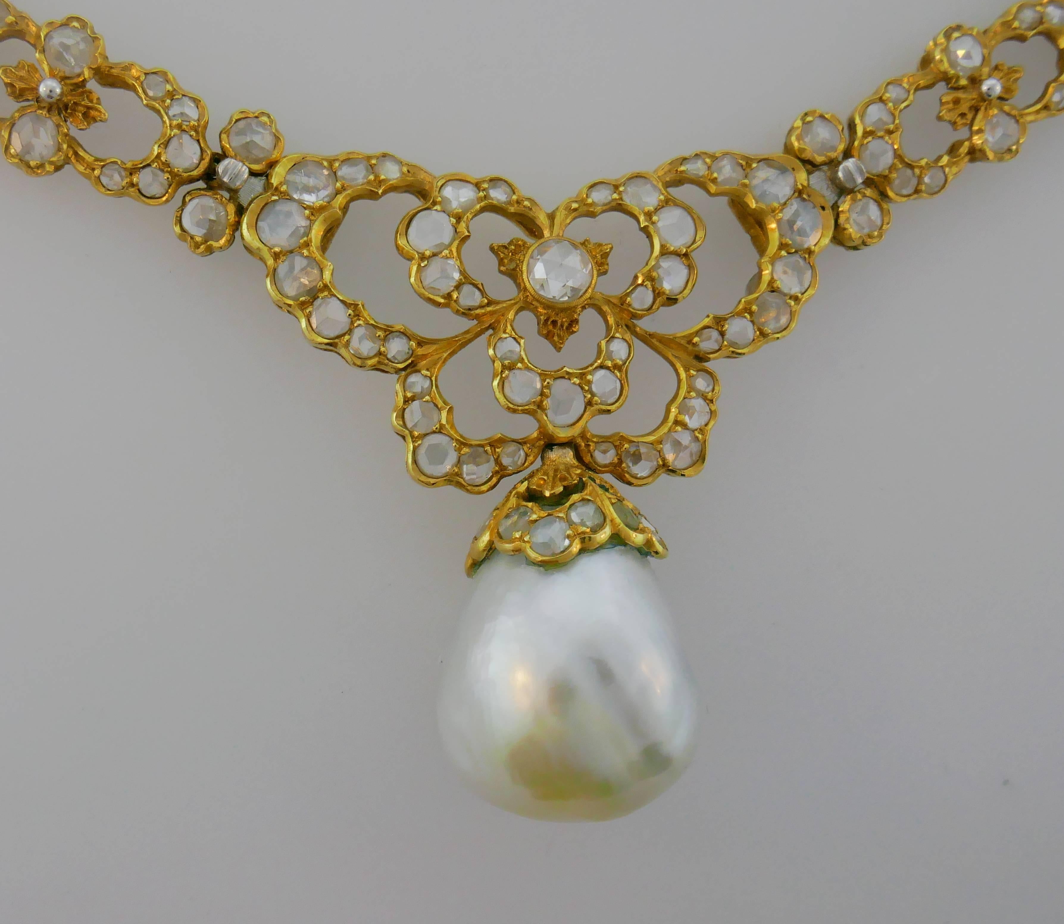 Mixed Cut Buccellati Vintage Necklace 18k Gold Baroque Pearl Diamond