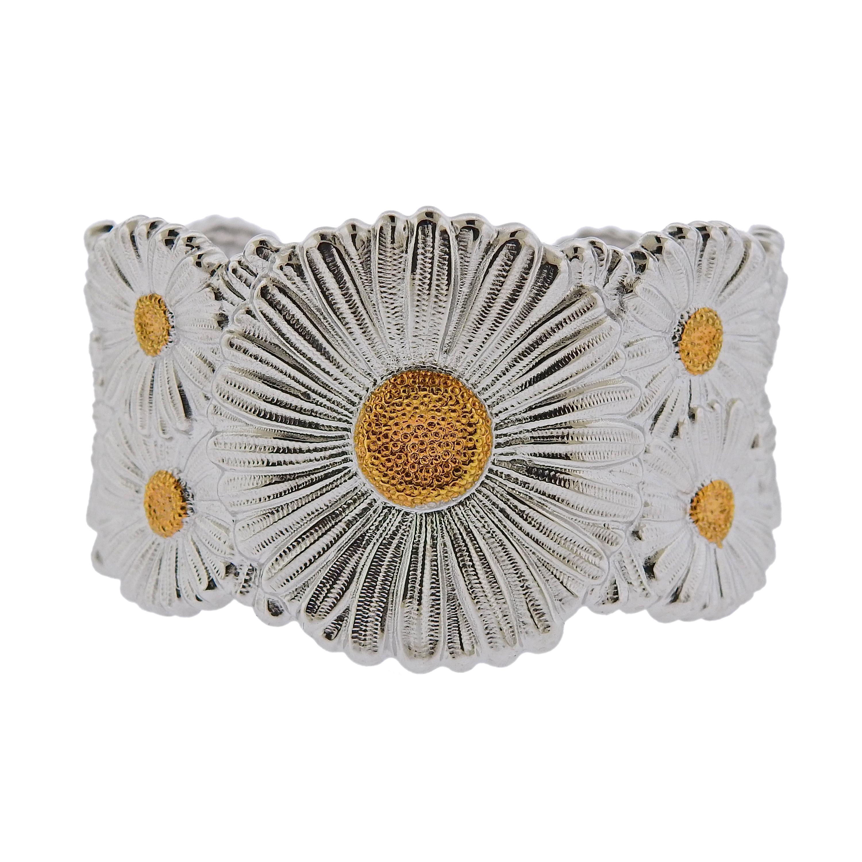 Sterling Silver with yellow gold accents blossom cuff bracelet signed by Buccellati. Made in Italy. 1.50 inches width