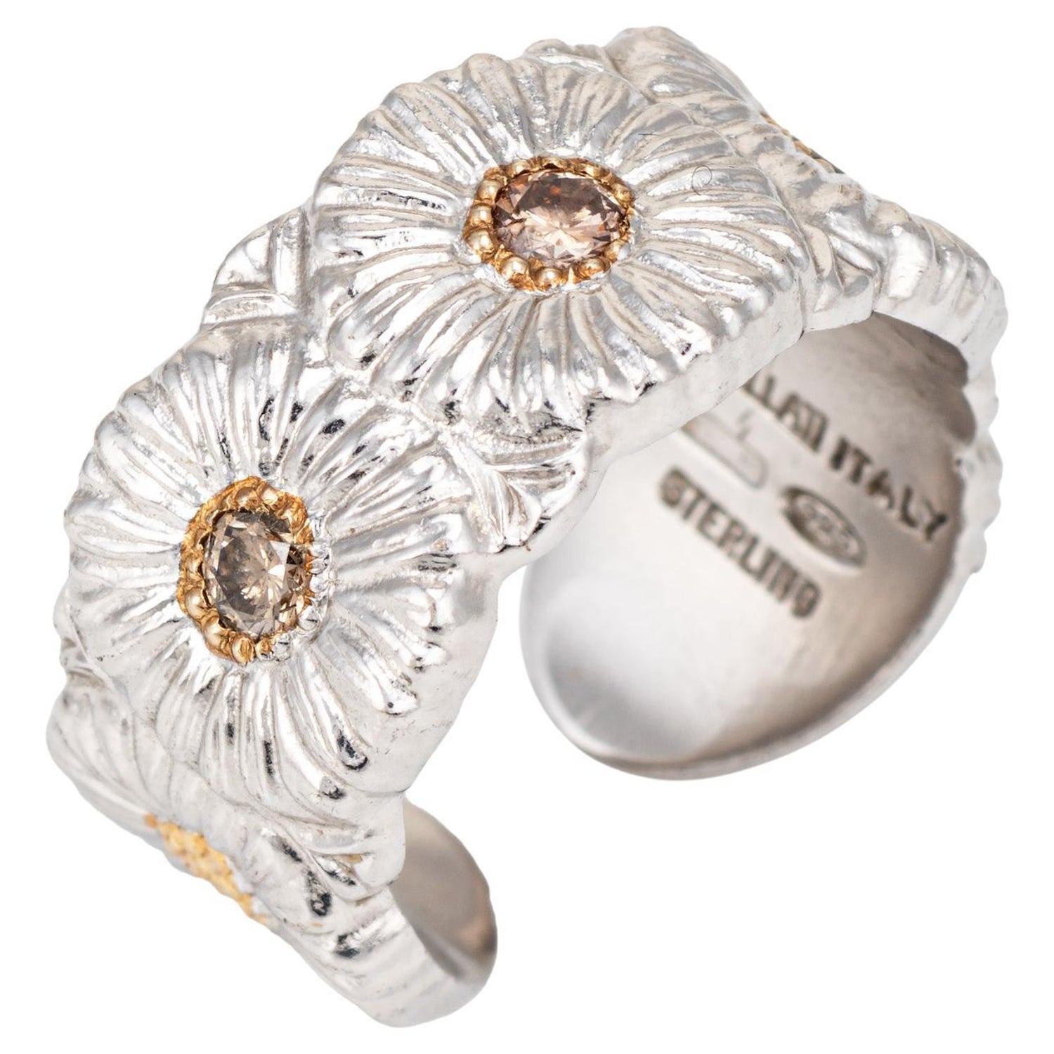 Buccellati Blossoms Cuff Ring Diamond Daisy Band Sterling Silver Flower For  Sale at 1stDibs