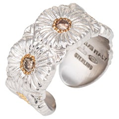 Vintage Buccellati Blossoms Cuff Ring Diamond Daisy Band Sterling Silver Flower