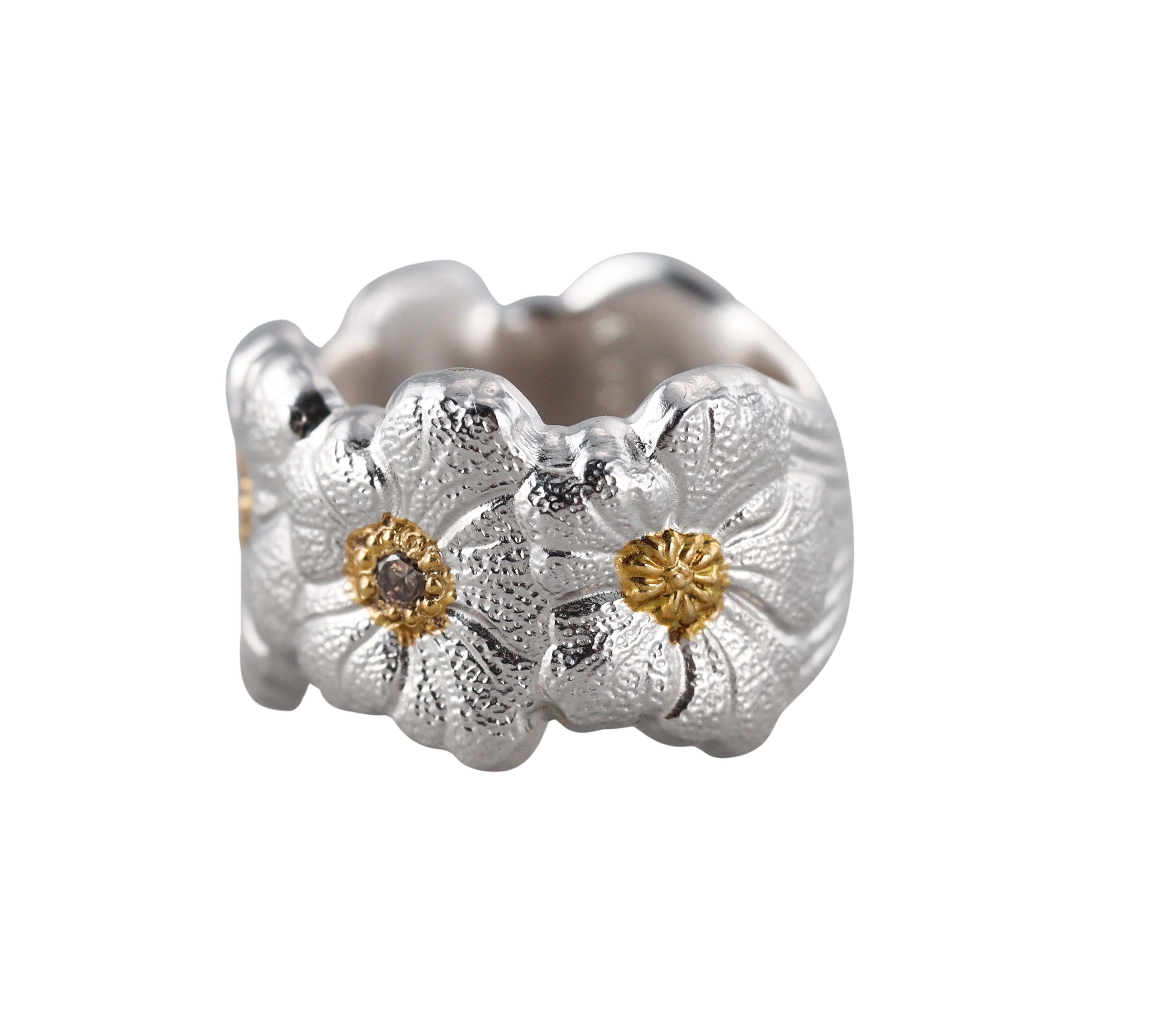 Round Cut Buccellati Blossoms Fancy Diamond Silver Gold Flower Ring For Sale