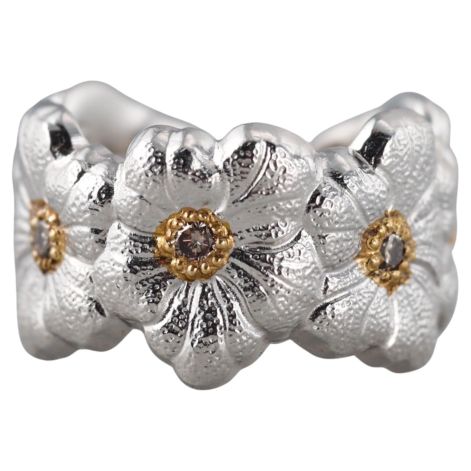 Buccellati Blossoms Fancy Diamond Silver Gold Flower Ring For Sale