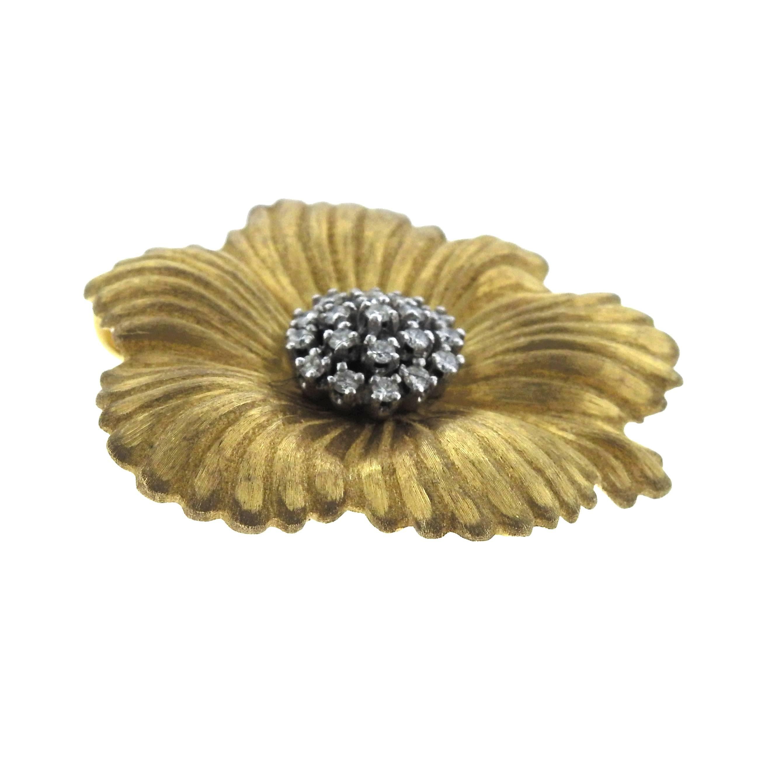 18k yellow gold large flower brooch pendant brooch, crafted by Buccellati, decorated with approx. 0.57ctw in H/VS diamonds. Brooch is 38mm x 42mm, weighs 18.3 grams. Marked: Buccellati, Italy,18k, X3911.