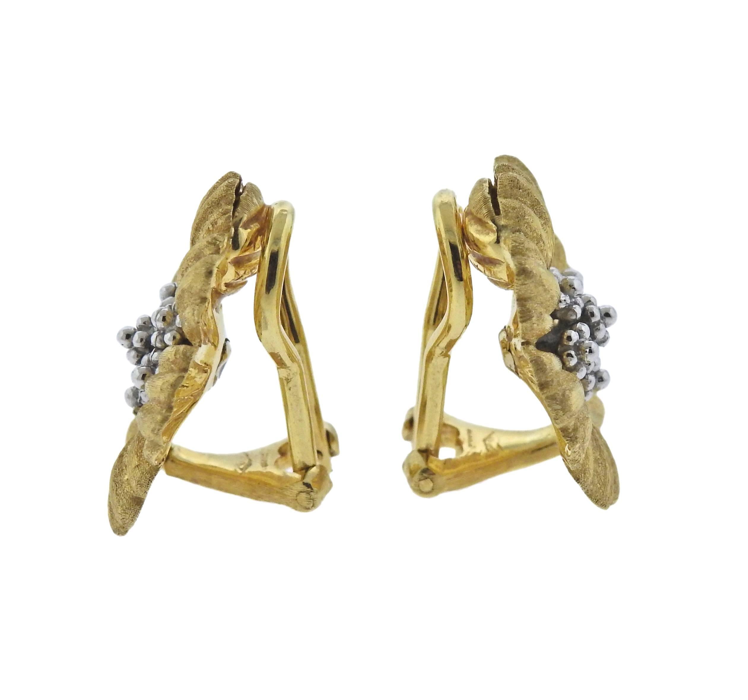 Pair of 18k yellow and white gold flower earrings, crafted by Buccellati.  Earrings are 20mm x 18mm, weigh 10.5 grams. Marked: Buccellati, Italy, 18k, X4421.