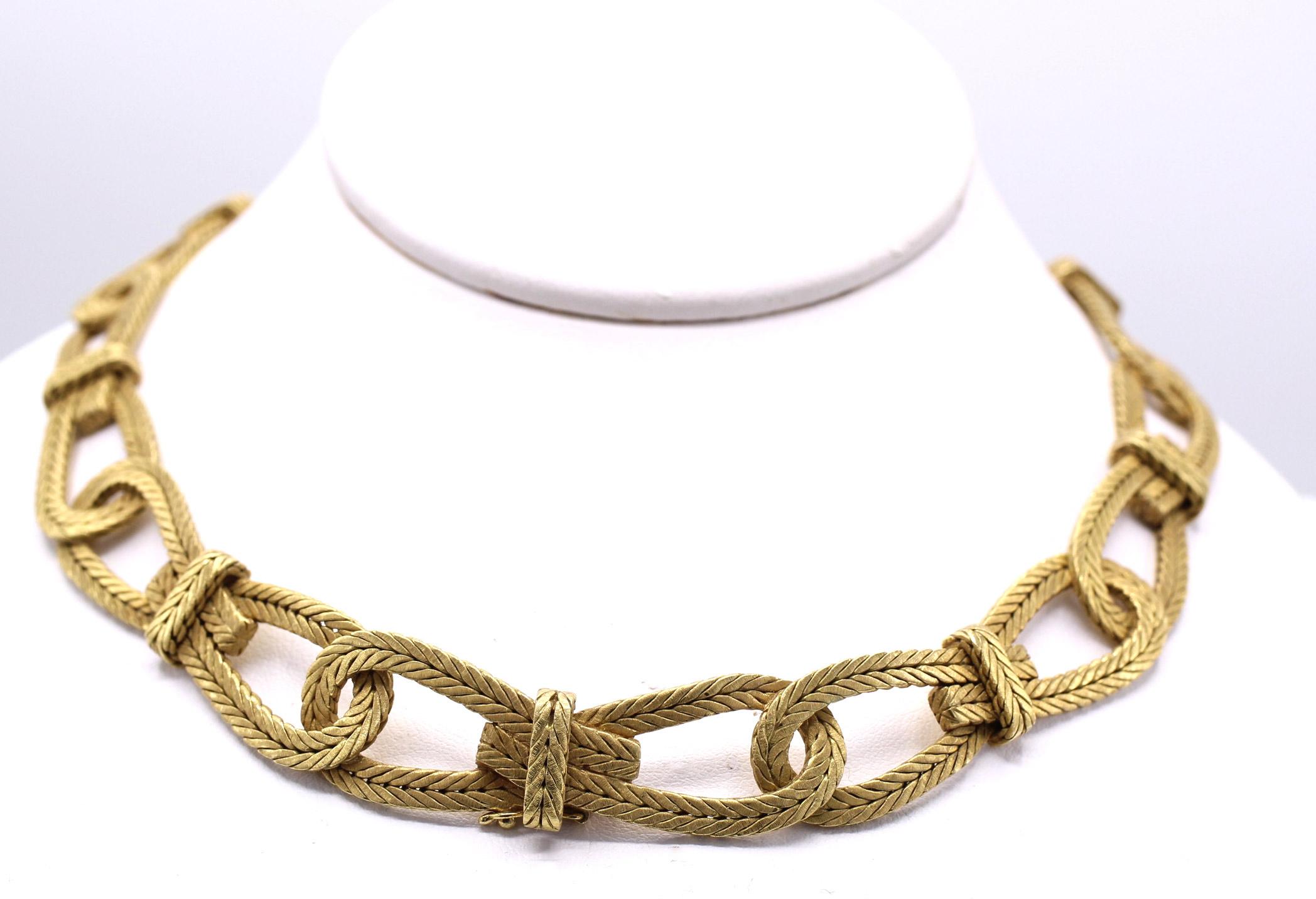 Beautifully designed and masterfully handcrafted in 18 karat yellow gold by the renown Italian jeweler Buccellati. Flexibly connected mat gold braided links make this wonderful necklace a chic and extremely stylish every-day wear. Signed 