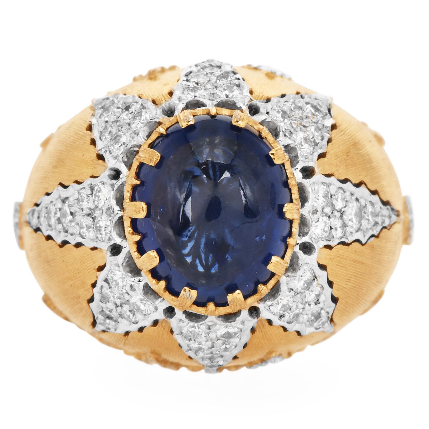 Retro Buccellati Cabochon Sapphire Diamond 18K Gold Cocktail RIng