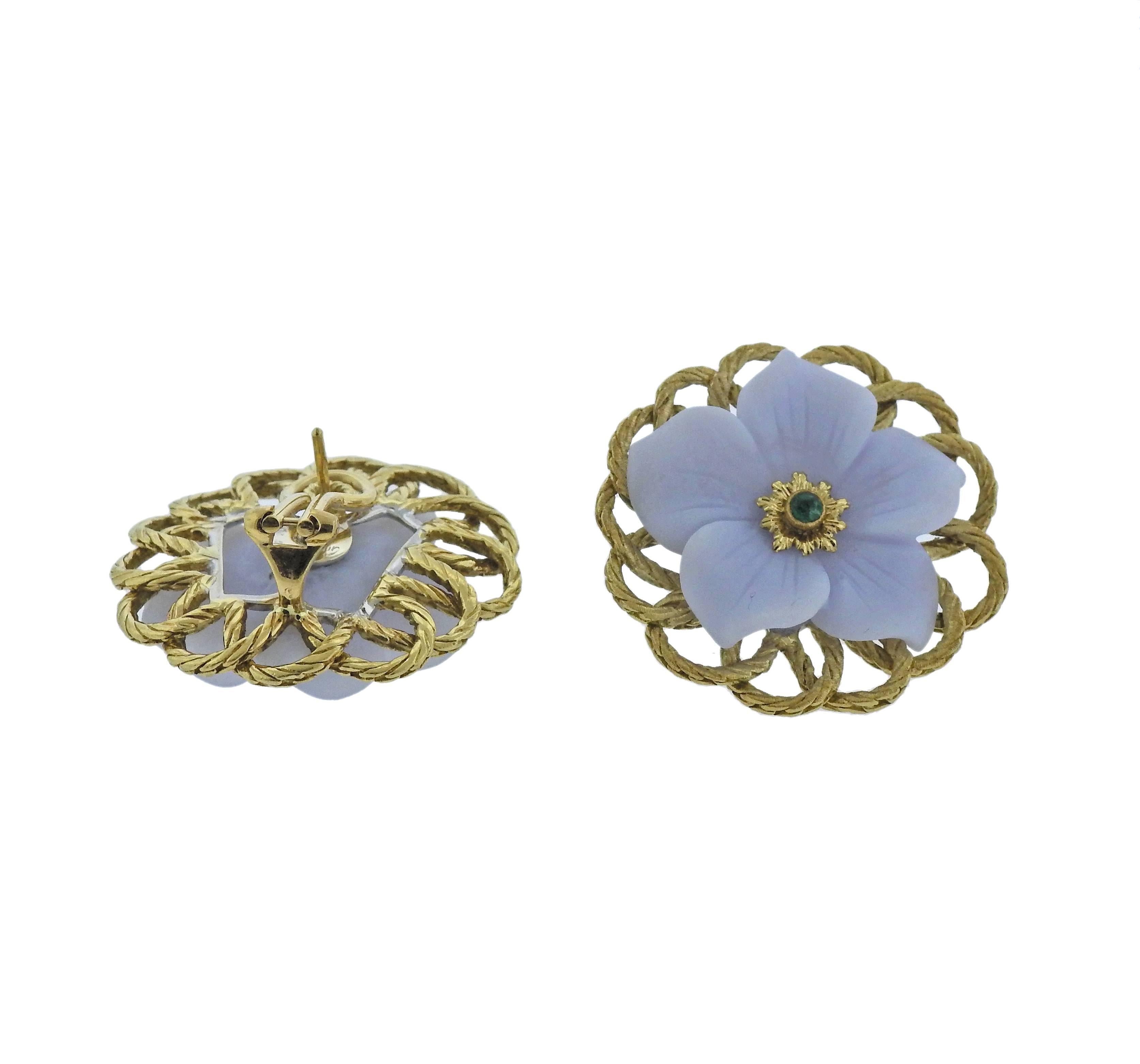 Pair of 18k gold flower earrings by Buccellati, featuring carve chalcedony petals and emerald. Retail $7300. Earrings are 31mm in diameter, weigh 24.6 grams. Marked: Gianmaria Buccellati , 750. 