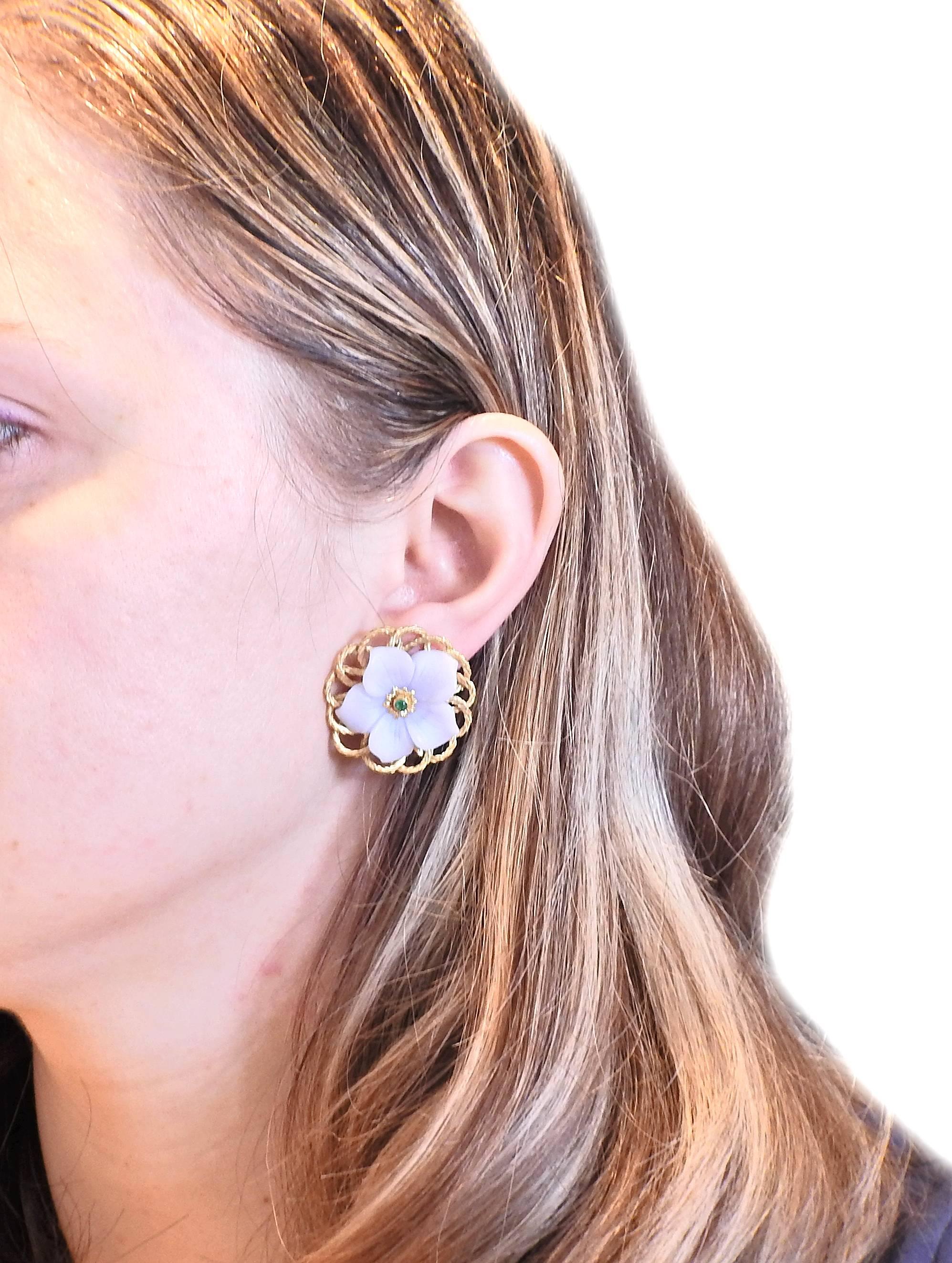 Women's Buccellati Carved Chalcedony Emerald Gold Flower Earrings