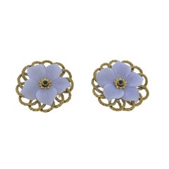 Buccellati Carved Chalcedony Emerald Gold Flower Earrings