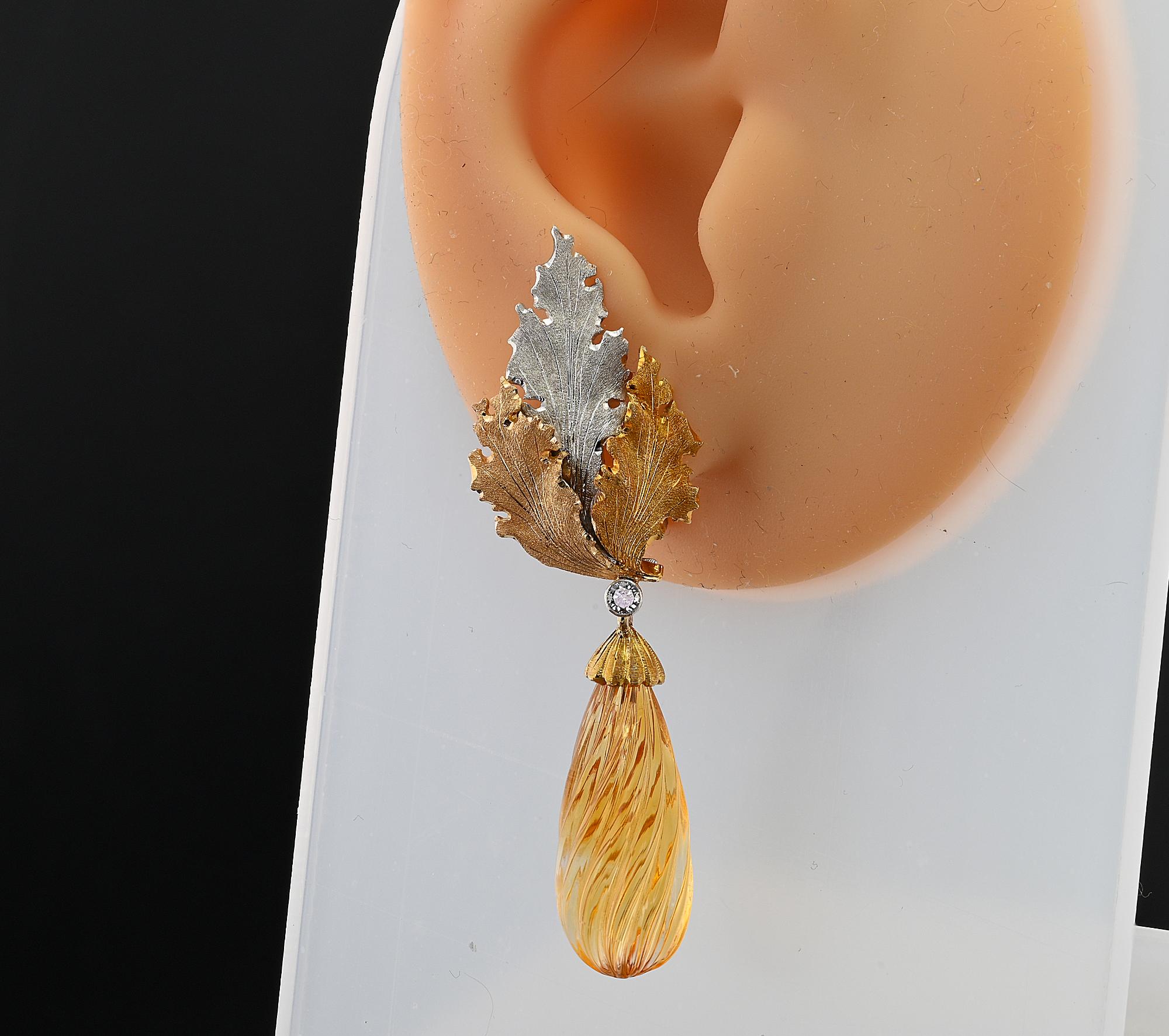 Buccellati Carved Citrine Diamond Leaf Drop Earrings 18 KT For Sale 4