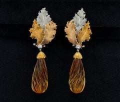 Buccellati Carved Citrine Diamond Leaf Drop Earrings 18 KT