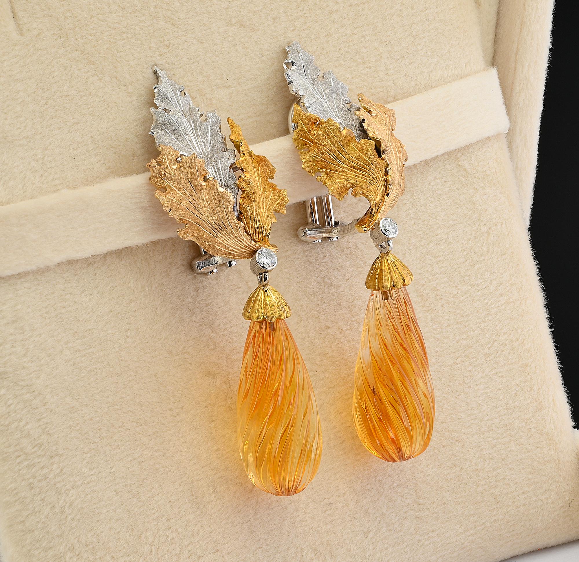 Contemporary Buccellati Carved Citrine Diamond Leaf Drop Earrings 18 KT For Sale
