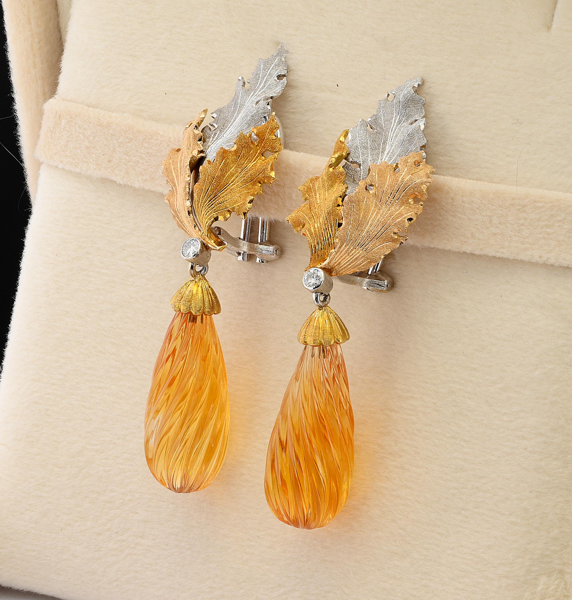 Buccellati Carved Citrine Diamond Leaf Drop Earrings 18 KT In Good Condition For Sale In Napoli, IT