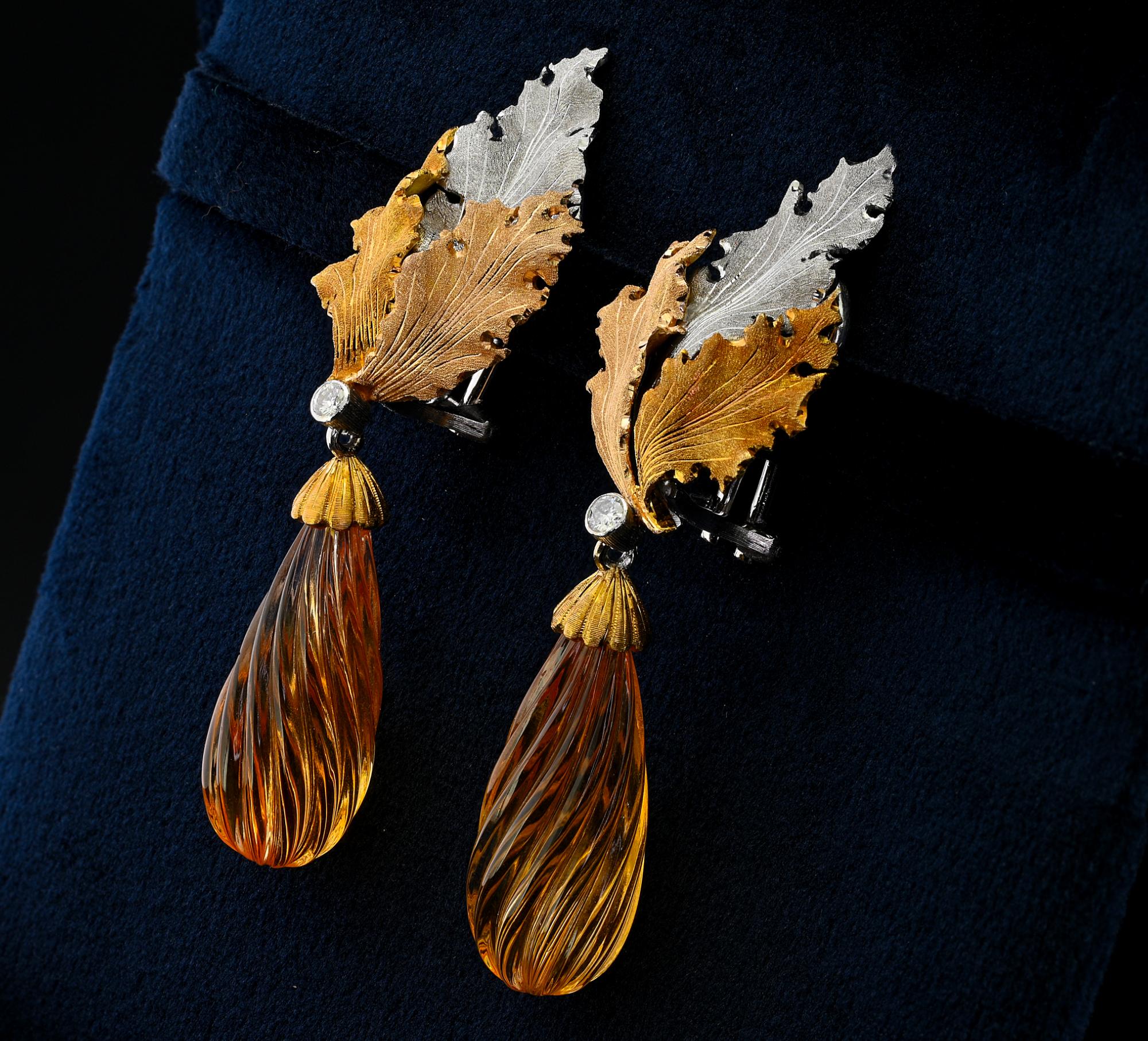 Women's Buccellati Carved Citrine Diamond Leaf Drop Earrings 18 KT For Sale