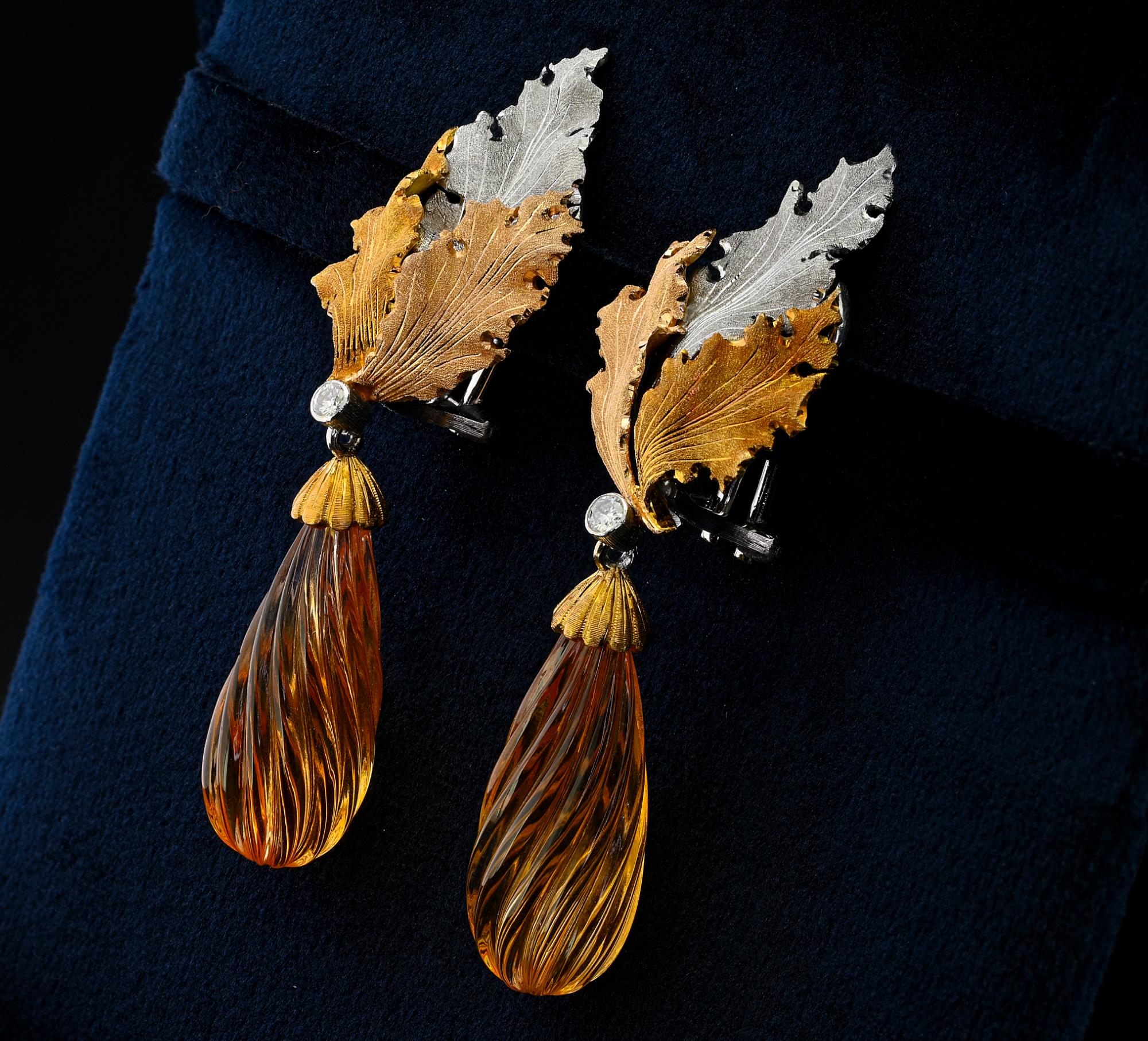 Buccellati, pendants d'oreilles feuille de diamants et citrine sculptée 18 carats Pour femmes en vente