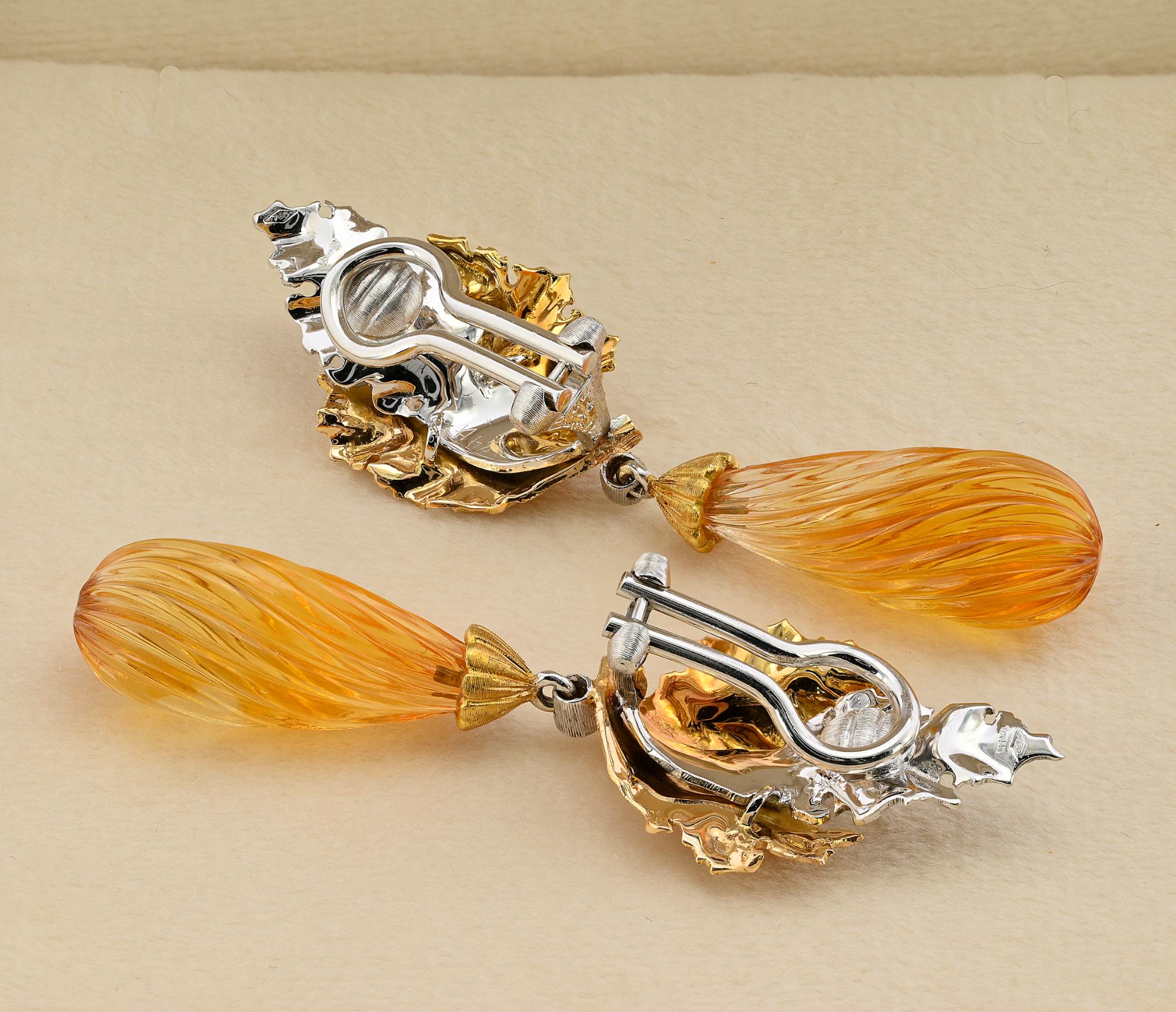 Buccellati Carved Citrine Diamond Leaf Drop Earrings 18 KT For Sale 1