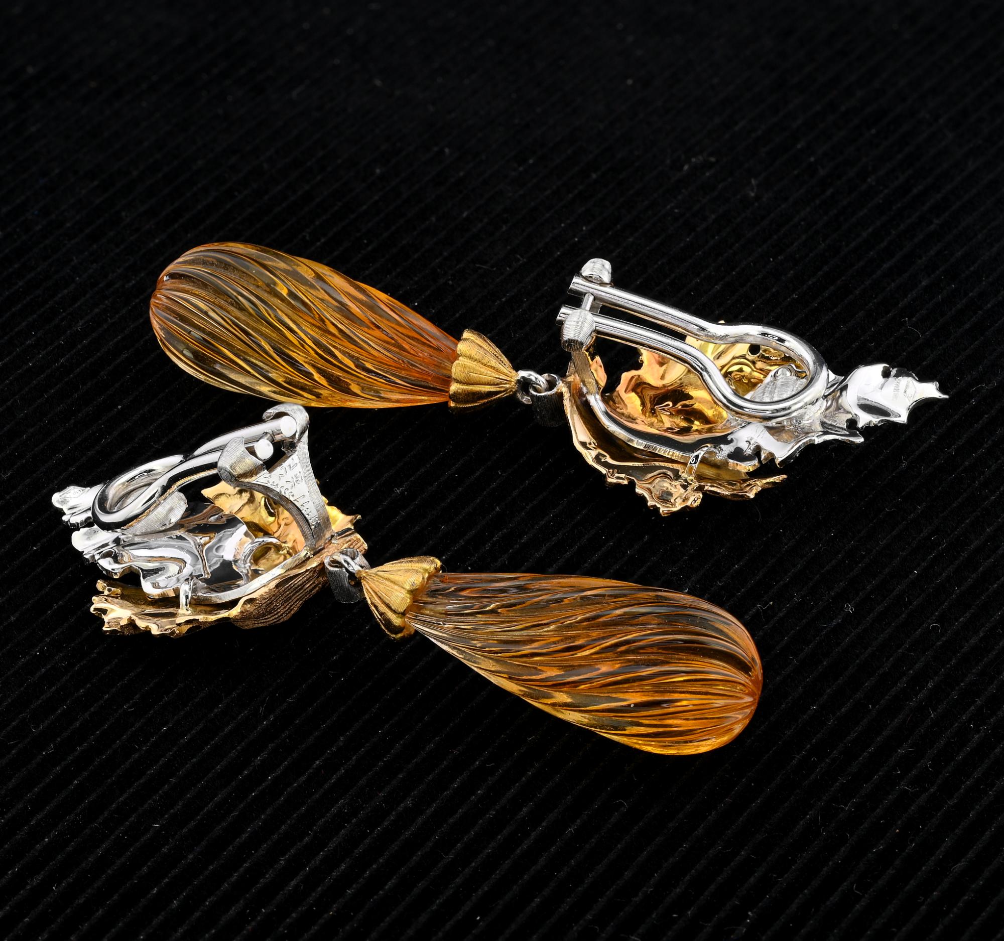 Buccellati Carved Citrine Diamond Leaf Drop Earrings 18 KT For Sale 2