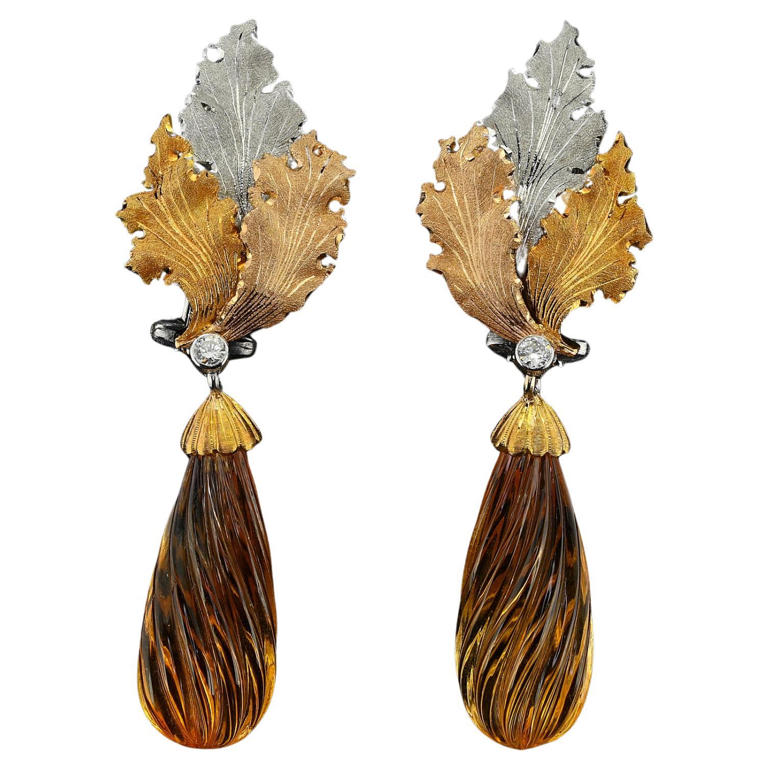 Buccellati Carved Citrine Diamond Leaf Drop Earrings 18 KT For Sale