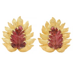Buccellati Carved Tourmaline 18 Karat Yellow Gold Vintage Foliate Leaf Earrings
