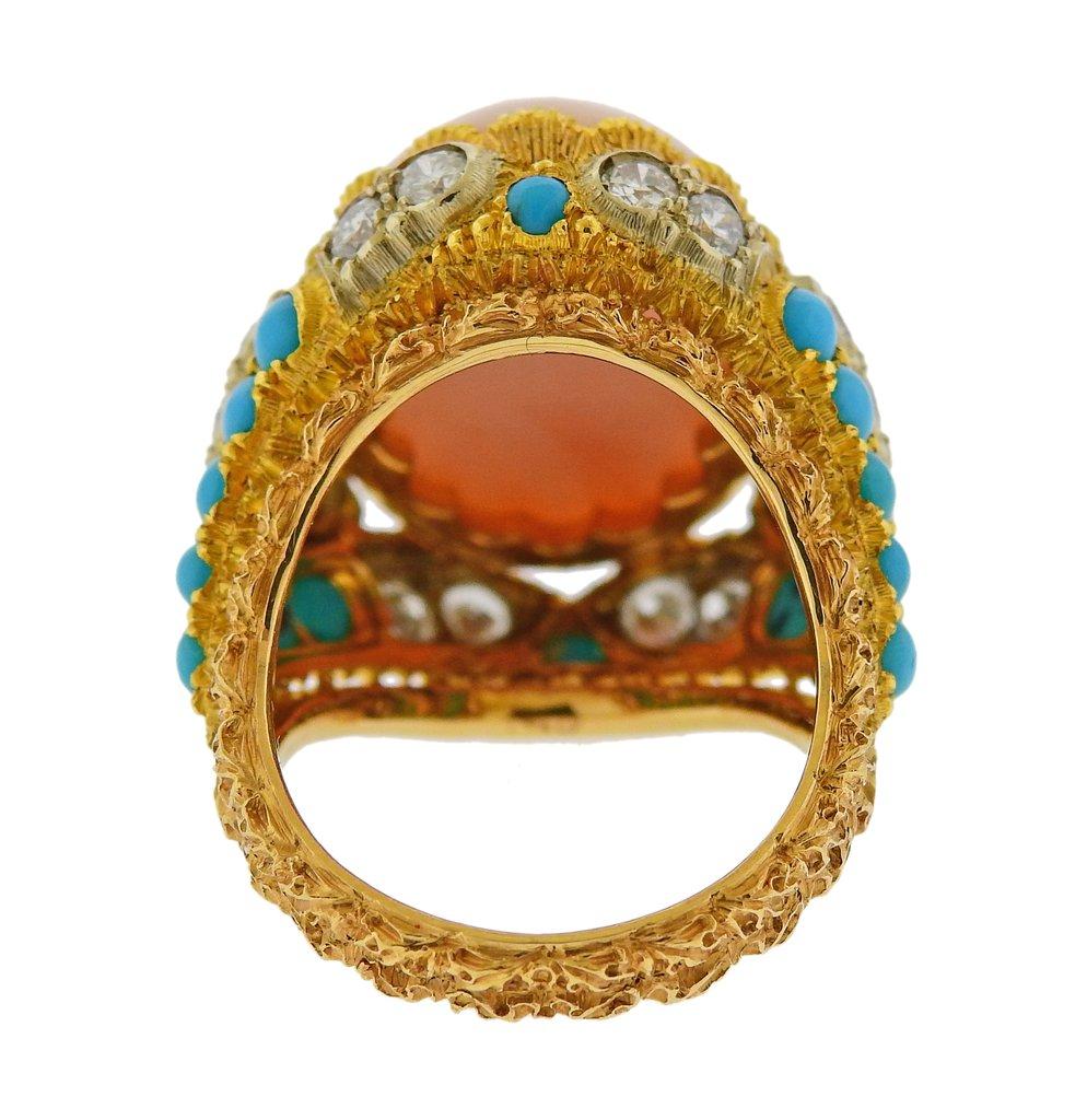 Buccellati Coral Diamond Turquoise Gold Ring In Excellent Condition For Sale In Lambertville, NJ