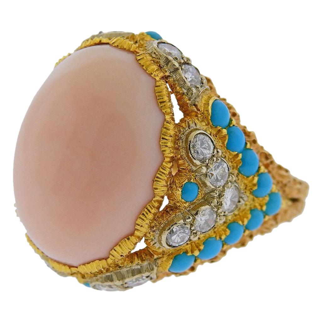 Buccellati Coral Diamond Turquoise Gold Ring For Sale