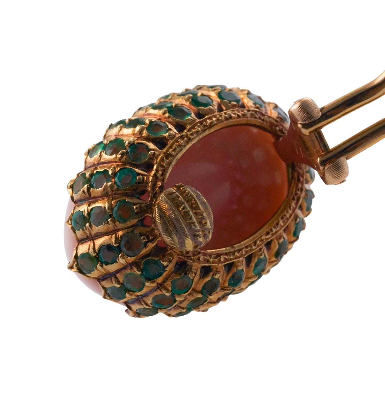 Round Cut Buccellati Coral Emerald Gold Earrings
