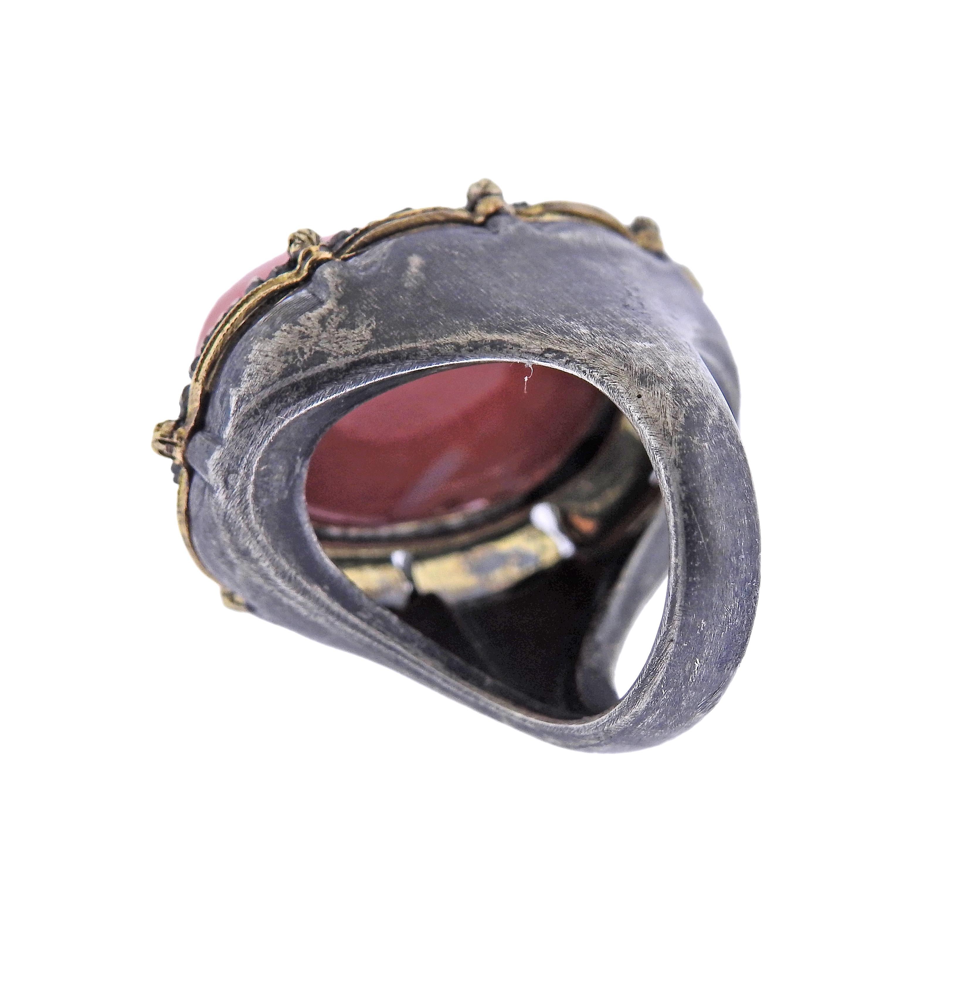 Oval Cut Buccellati Coral Silver Gold Cocktail Ring