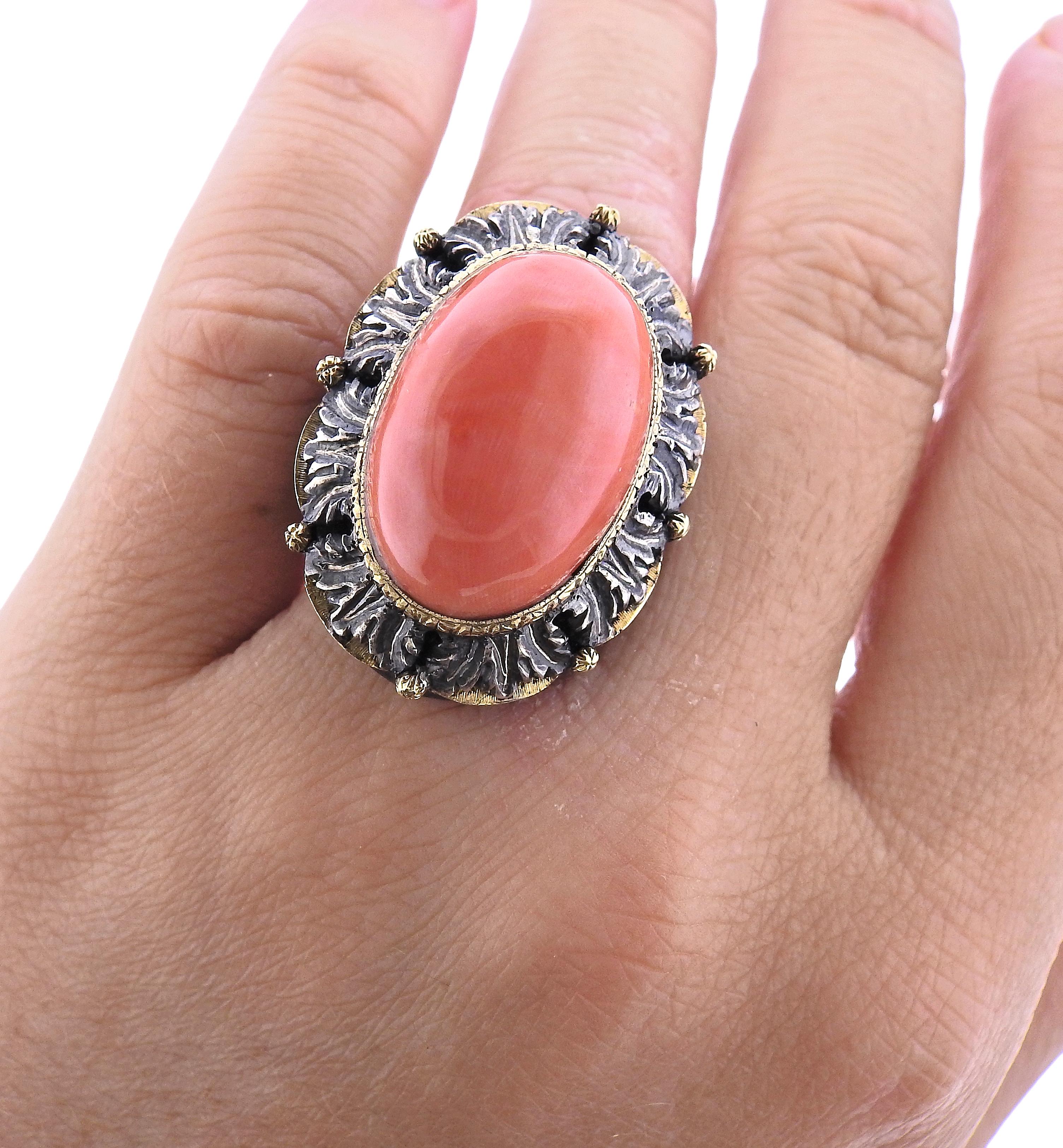 Buccellati Coral Silver Gold Cocktail Ring In Excellent Condition In New York, NY