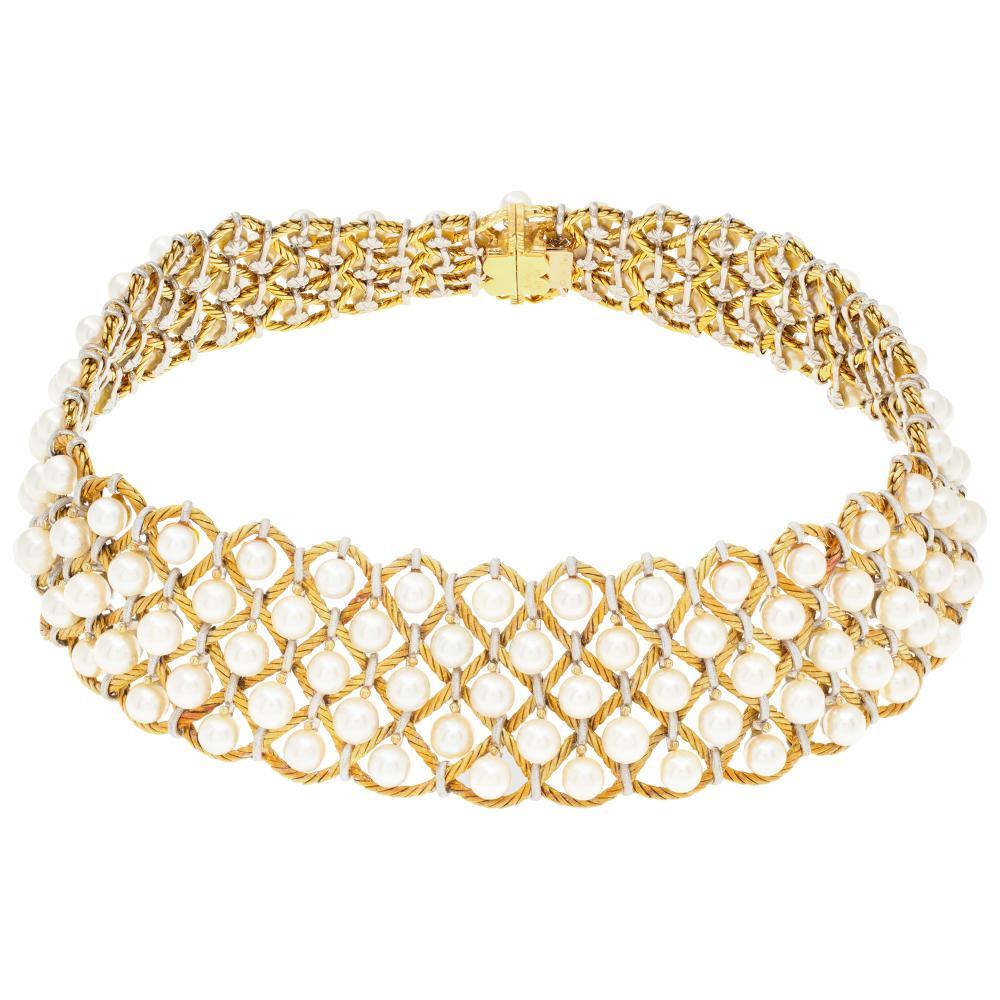 Buccellati cultured pearls necklace on yellow & white gold woven lattice motif In Excellent Condition In Surfside, FL