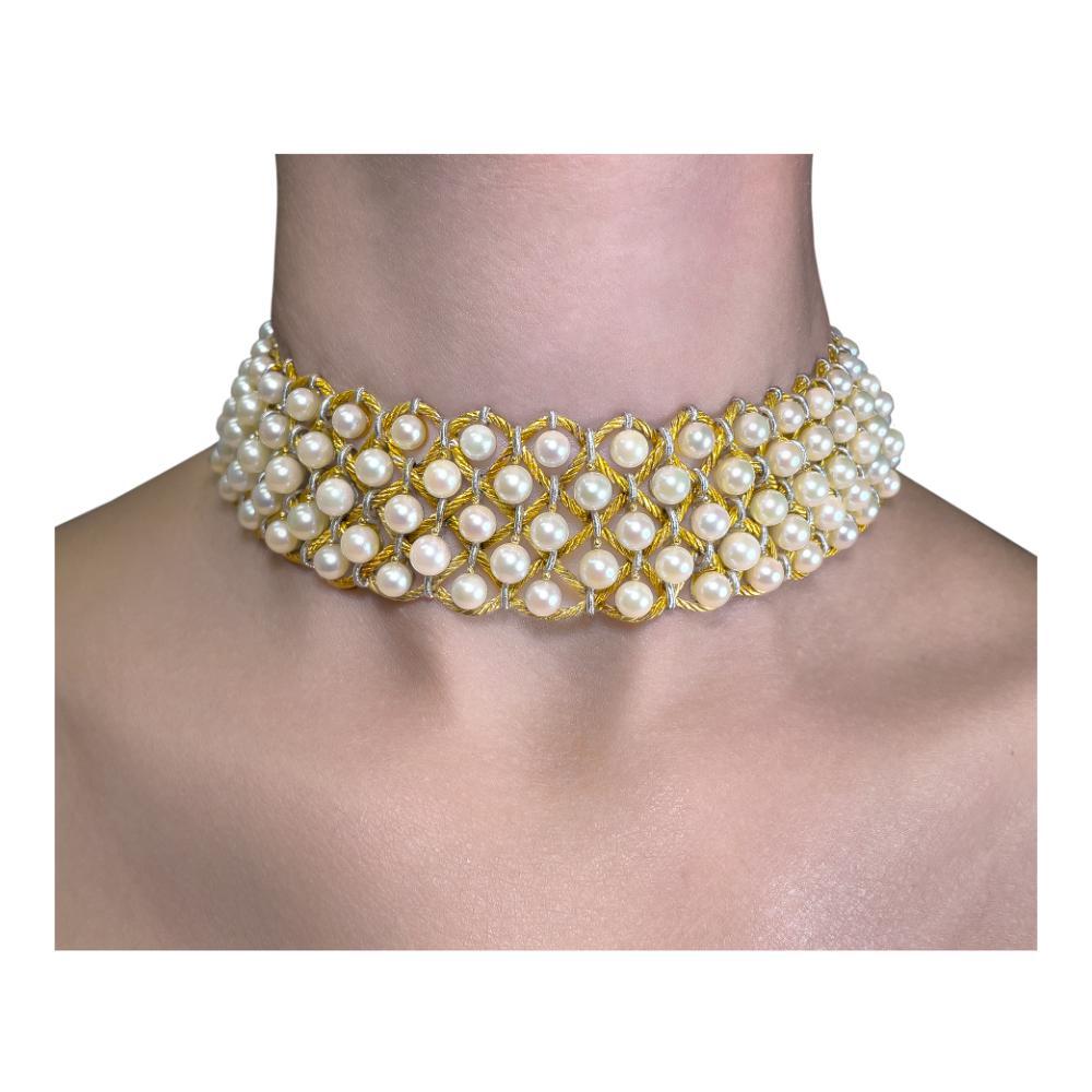 Buccellati cultured pearls necklace on yellow & white gold woven lattice motif 1