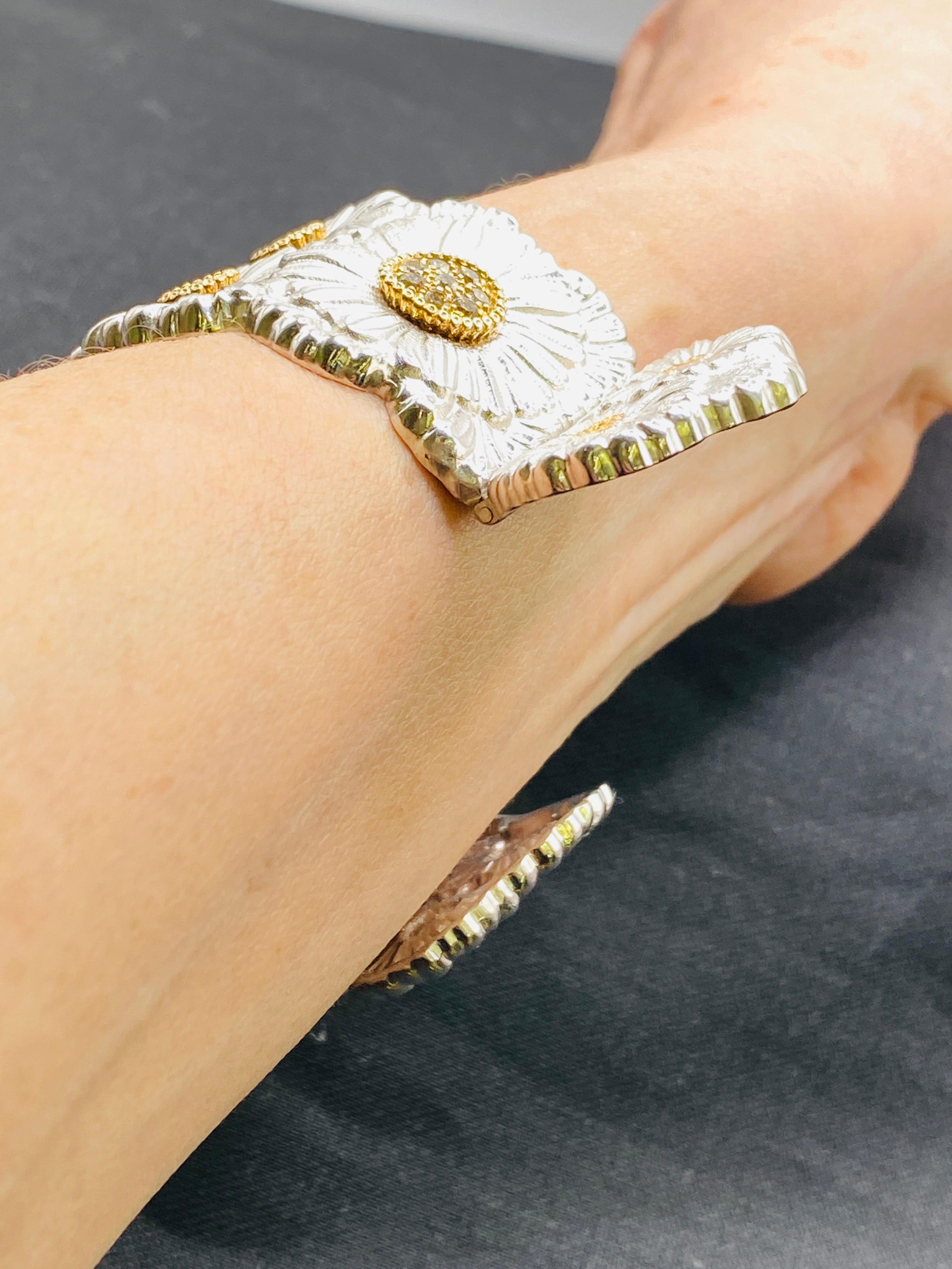 Brilliant Cut Buccellati Daisy Blossom Diamond Yellow Gold Sterling Silver Hinged Bracelet