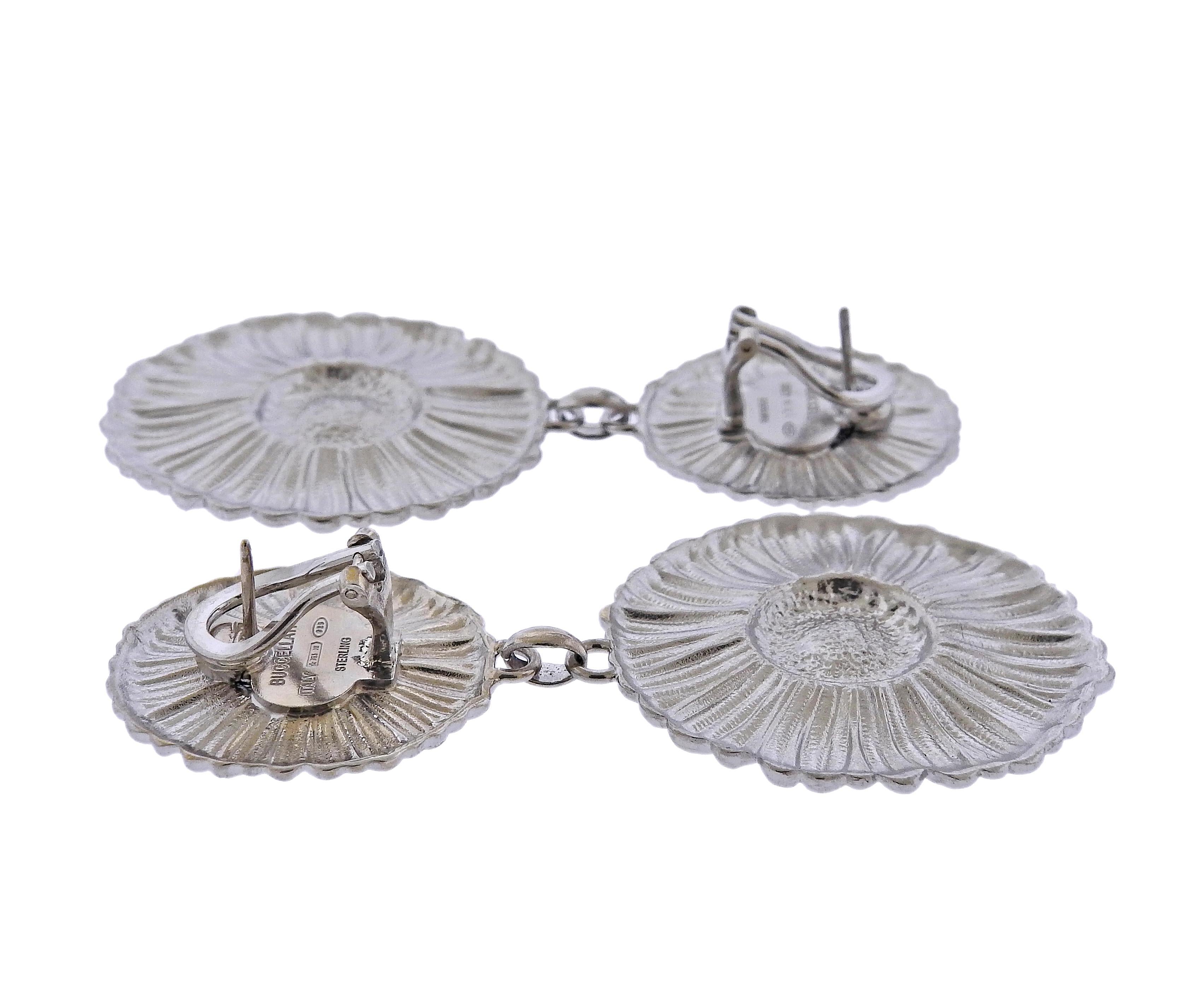 Pair of sterling silver and vermeil Buccellati Blossom earrings, featuring Daisy flowers. Earrings are 68mm long, bottom larger flower is 34mm in diameter.  Weight - 24.3 grams. Marked: Buccellati, Italy, Sterling, 925, 763 MI.