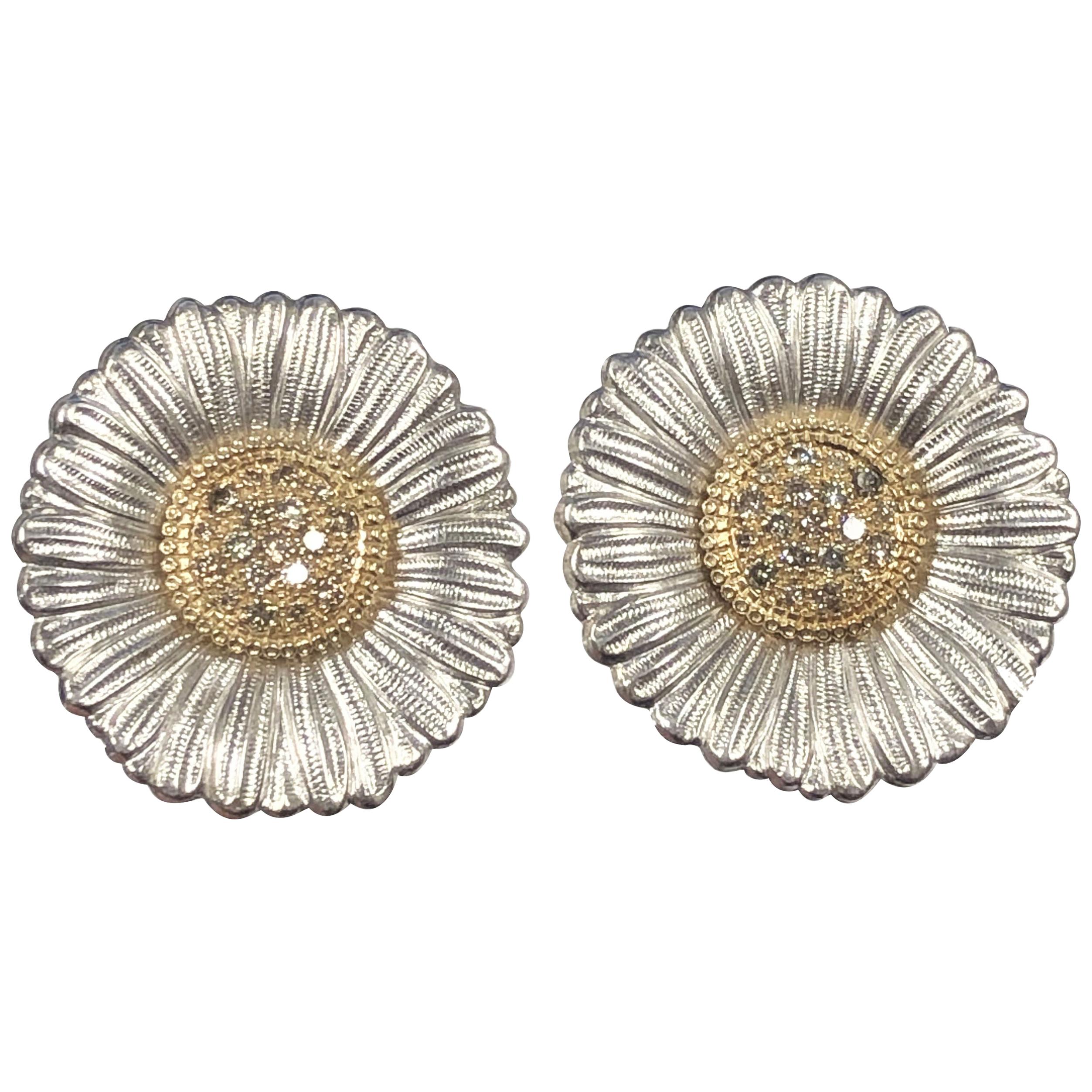 Buccellati Daisy Flower Large Silver Gold and Brown Diamond Earrings