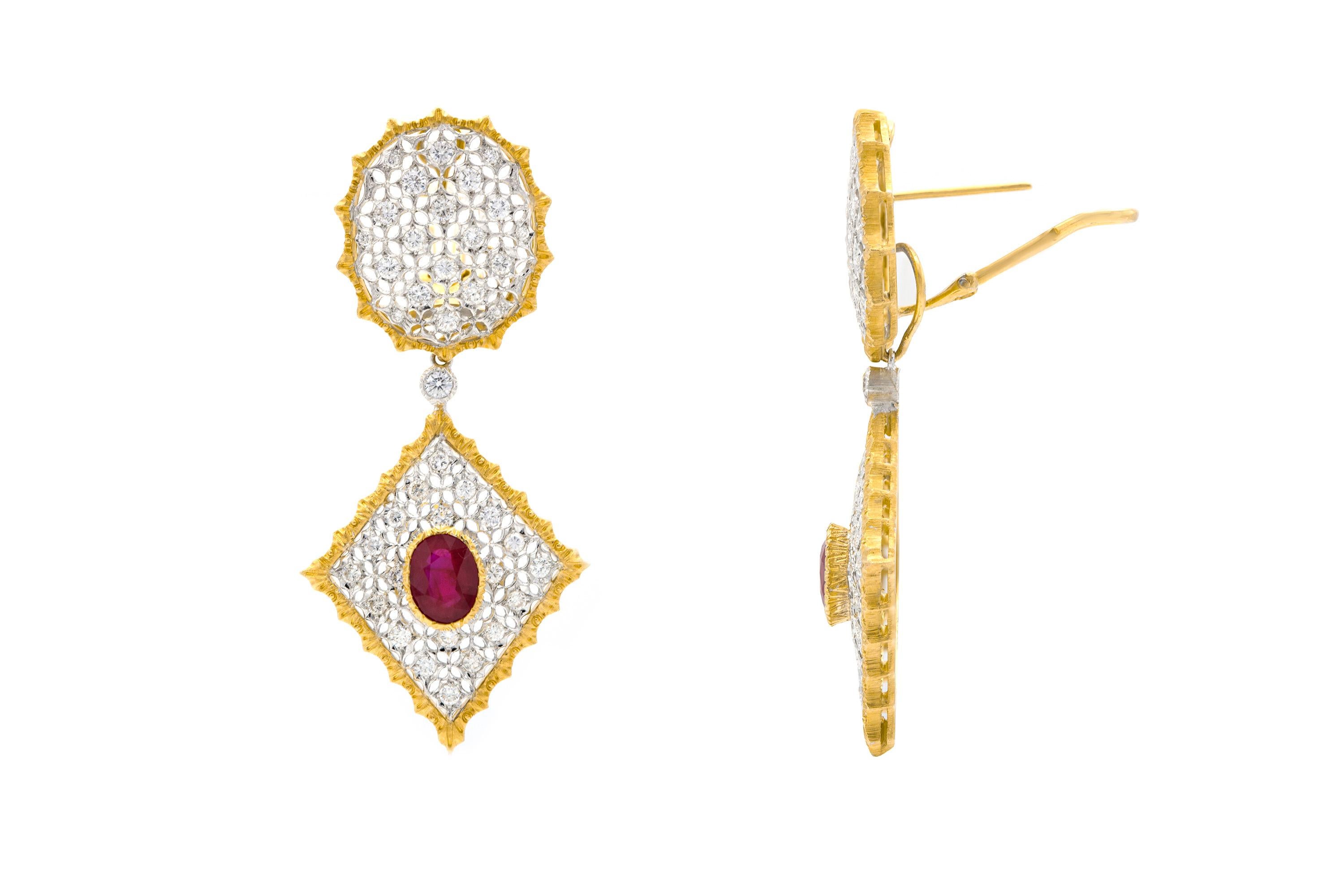 Finely crafted in 18k yellow gold and platinum with rubies weighing a total of approximately 4.00 carats.
The earrings feature diamonds weighing approximately a total of 4.00 carats.
The dangles are detachable.
Signed M. Buccellati
Comes with