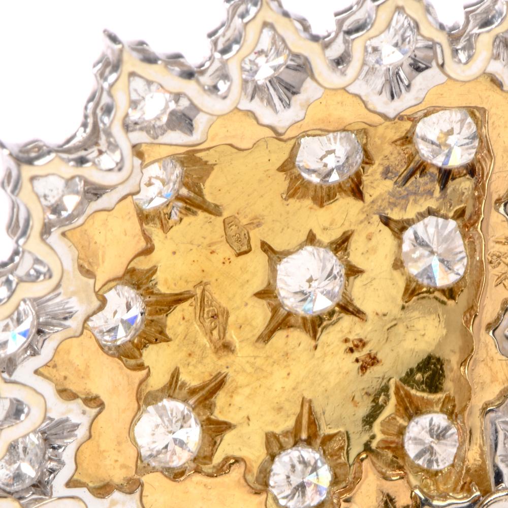 A layering effect of rosette carvings and contrasting blends of metal choice

offer the detail to these exquisite Buccellati dangling earrings.

Crafted in Luxurious 18K yellow and white gold,  these earrings

measure appx. 0.75 Inches  x 2.0 Inches